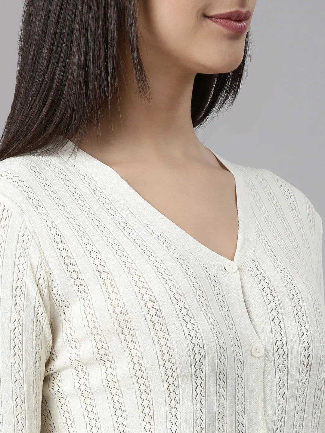 Women's Cream Solid Front-Open Sweater