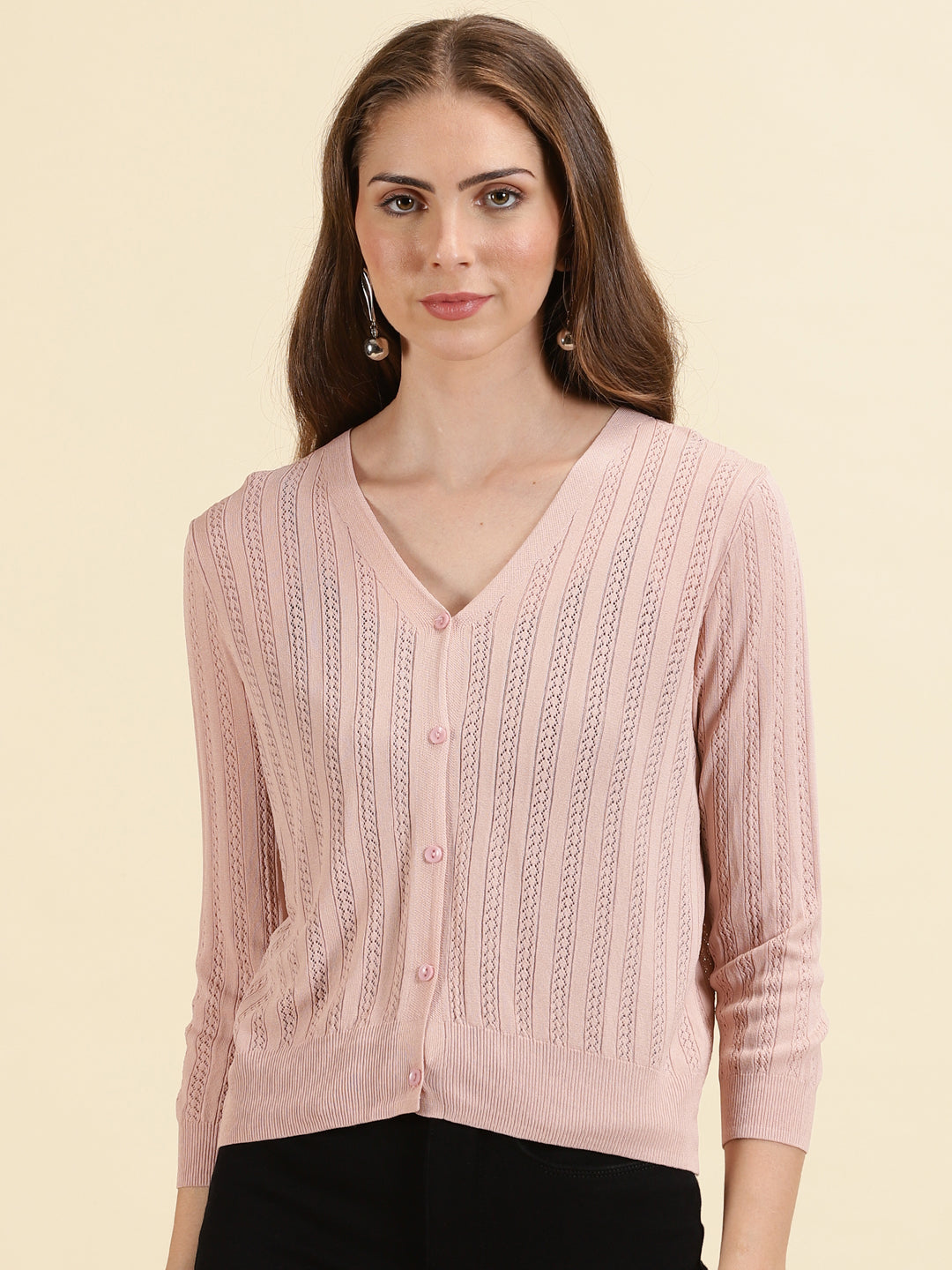 Women's Pink Solid Front-Open Sweater