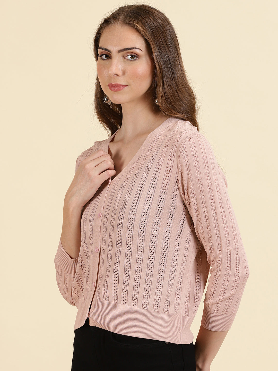 Women's Pink V Neck Self Design Acrylic Cardigan