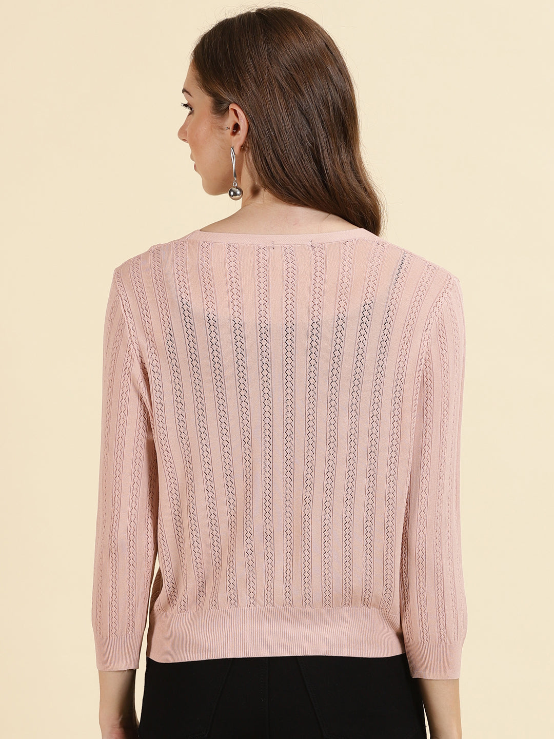 Women's Pink V Neck Self Design Acrylic Cardigan