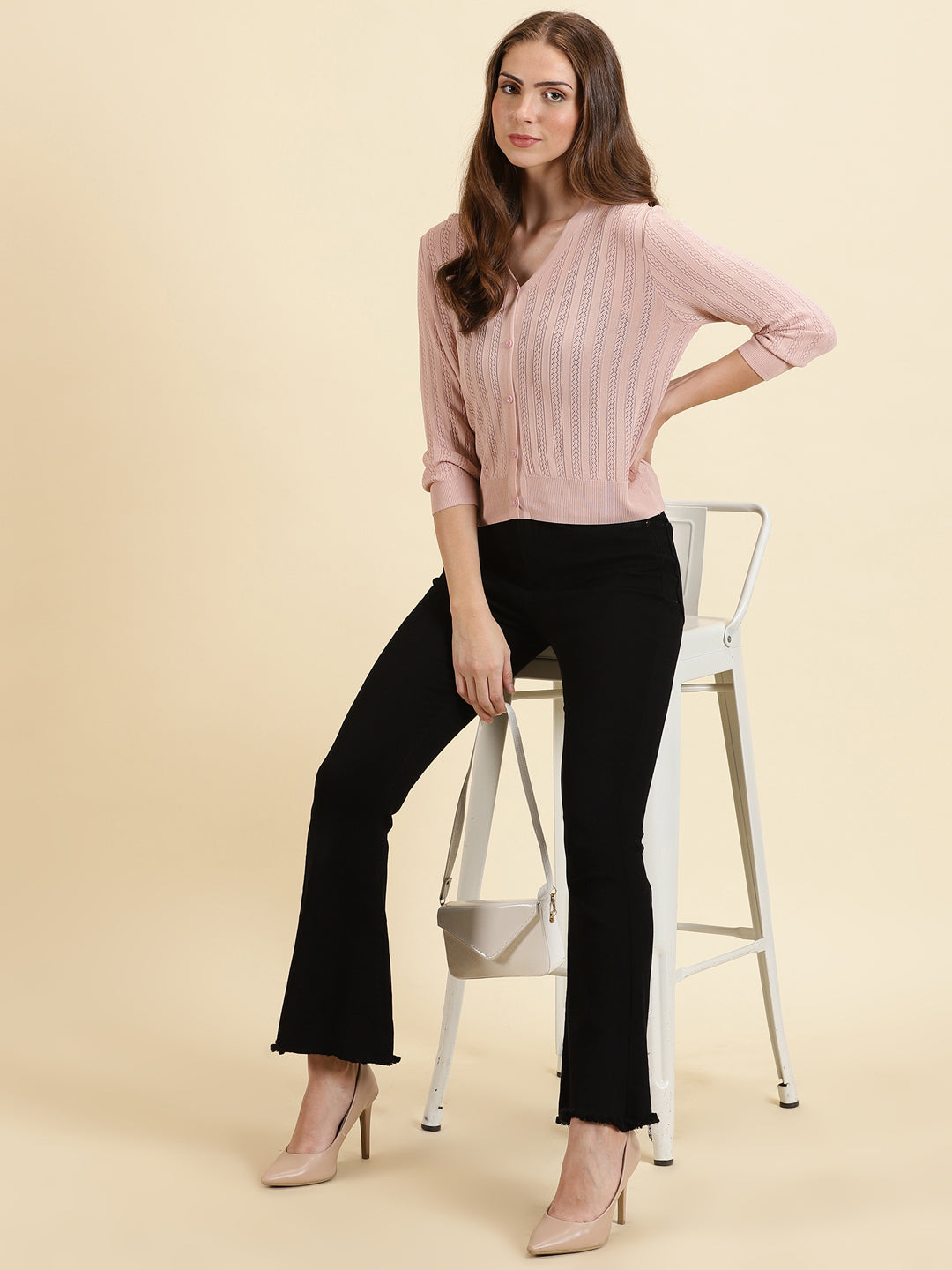 Women's Pink V Neck Self Design Acrylic Cardigan