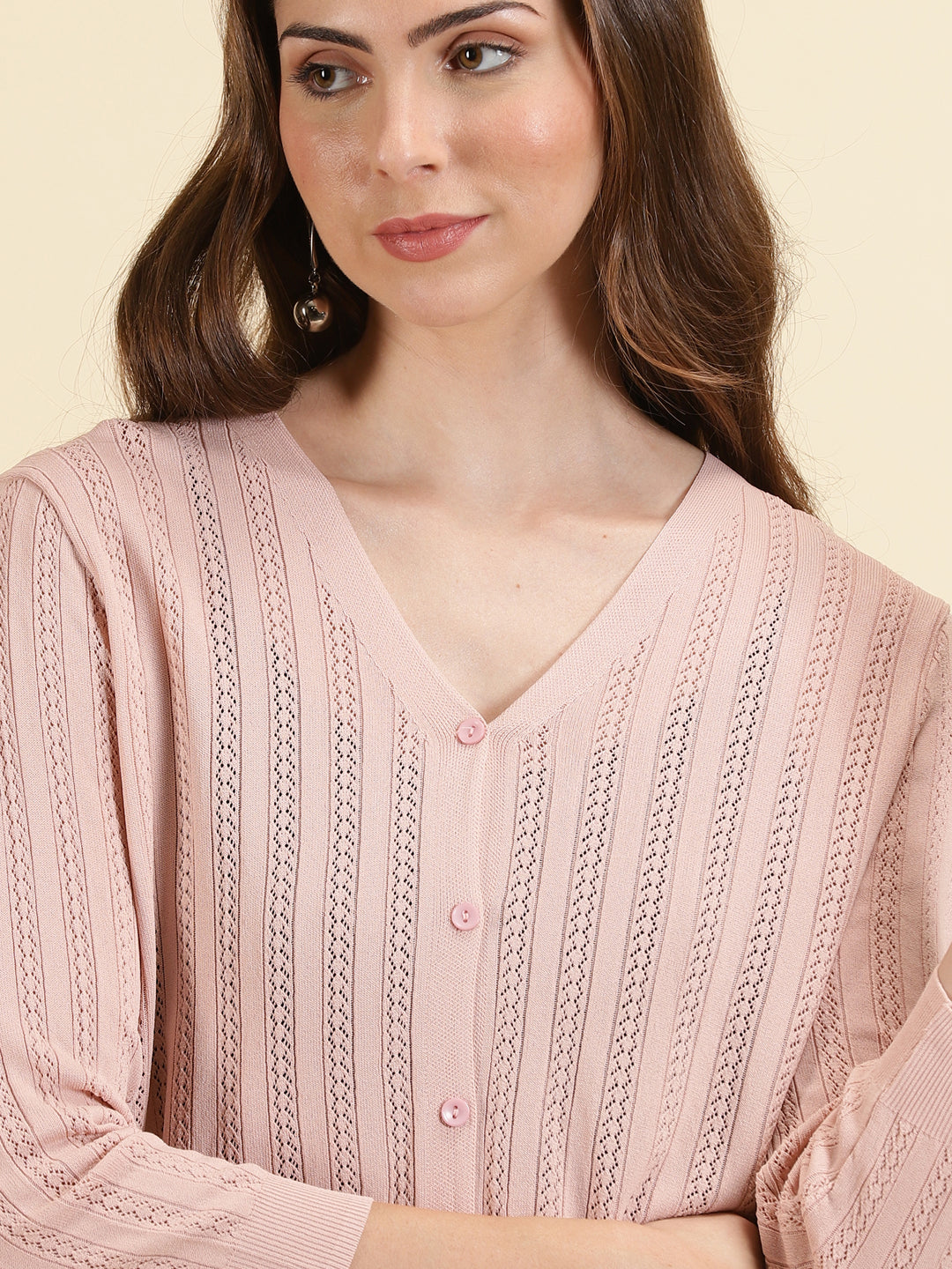 Women's Pink V Neck Self Design Acrylic Cardigan
