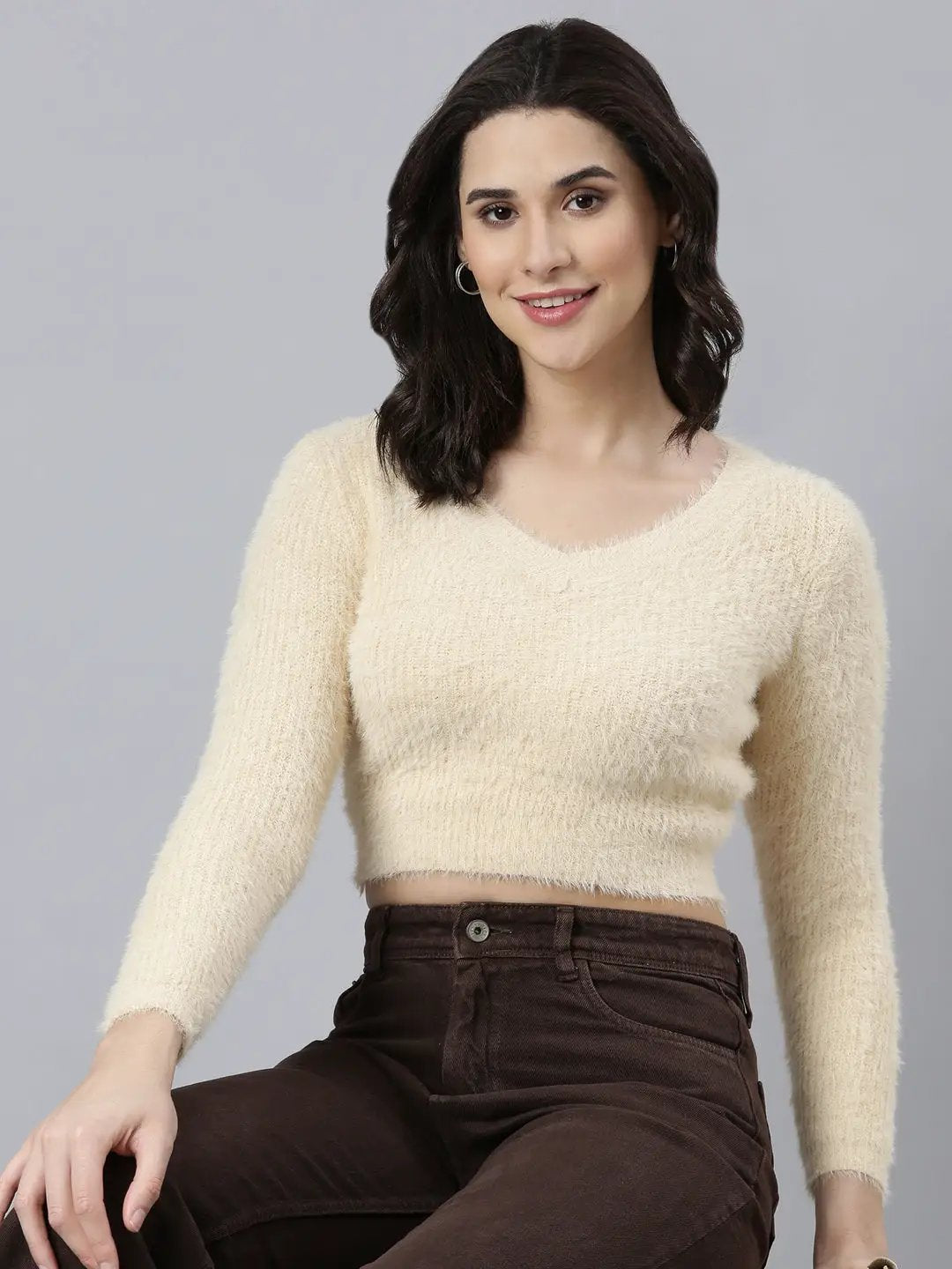 Women's Solid Beige Crop Top