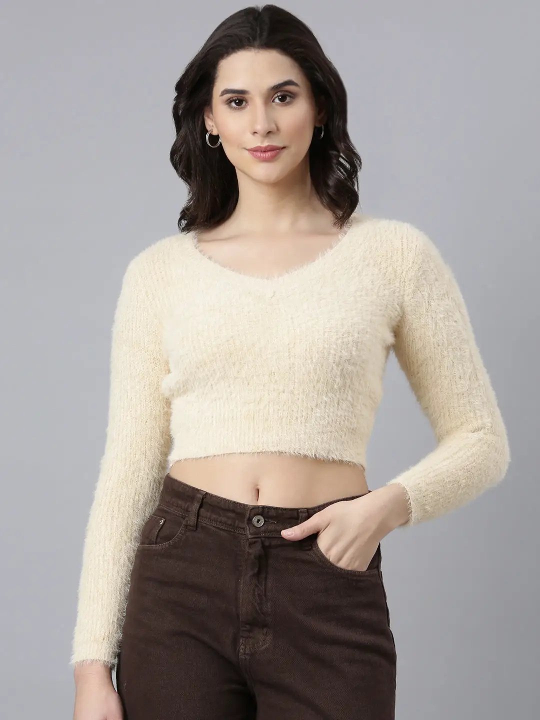Women's Solid Beige Crop Top