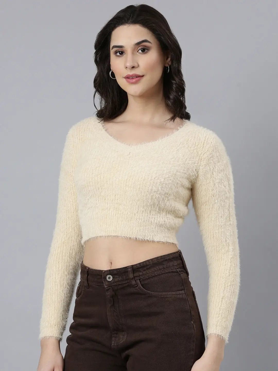 Women's Solid Beige Crop Top