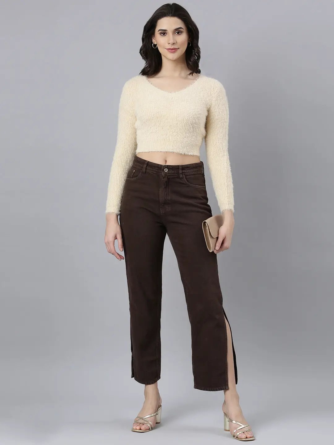 Women's Solid Beige Crop Top