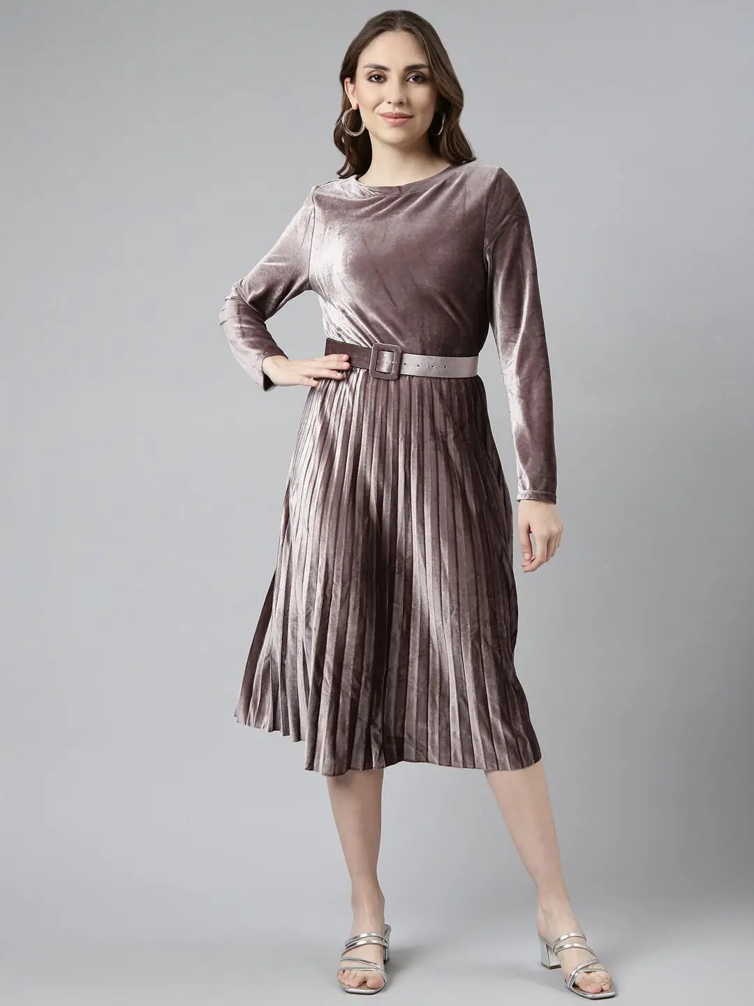 Women's Lavender Solid Fit and Flare Dress