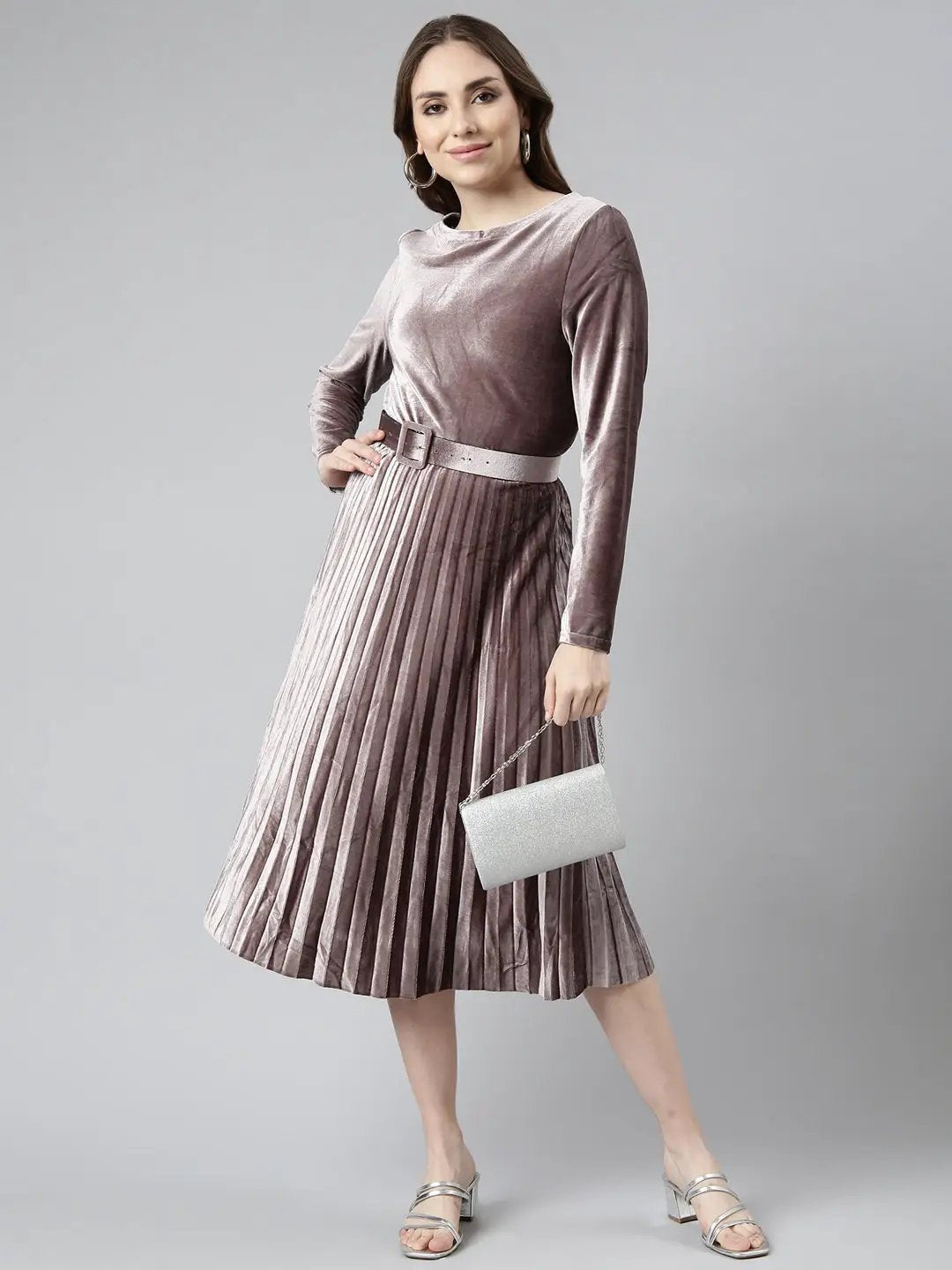 Women's Lavender Solid Fit and Flare Dress
