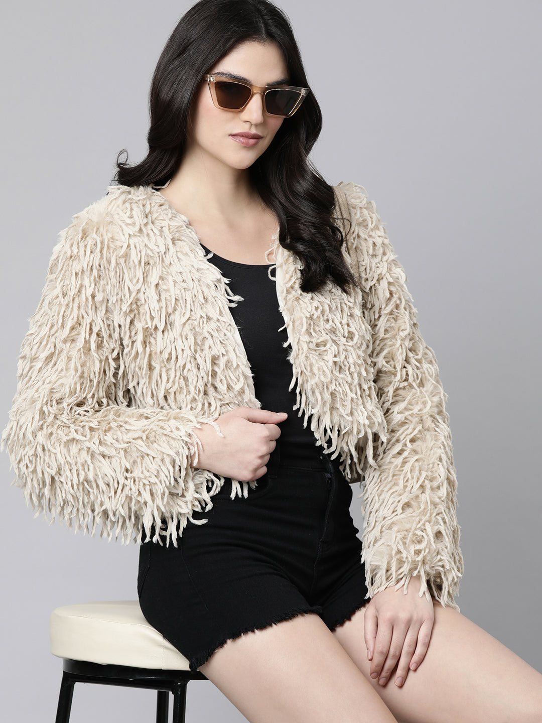 Women Solid Beige Crop Shrug