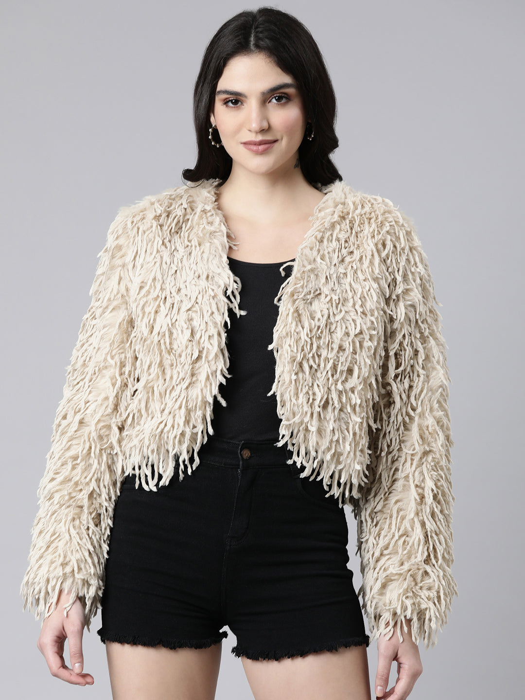 Women Solid Beige Crop Shrug