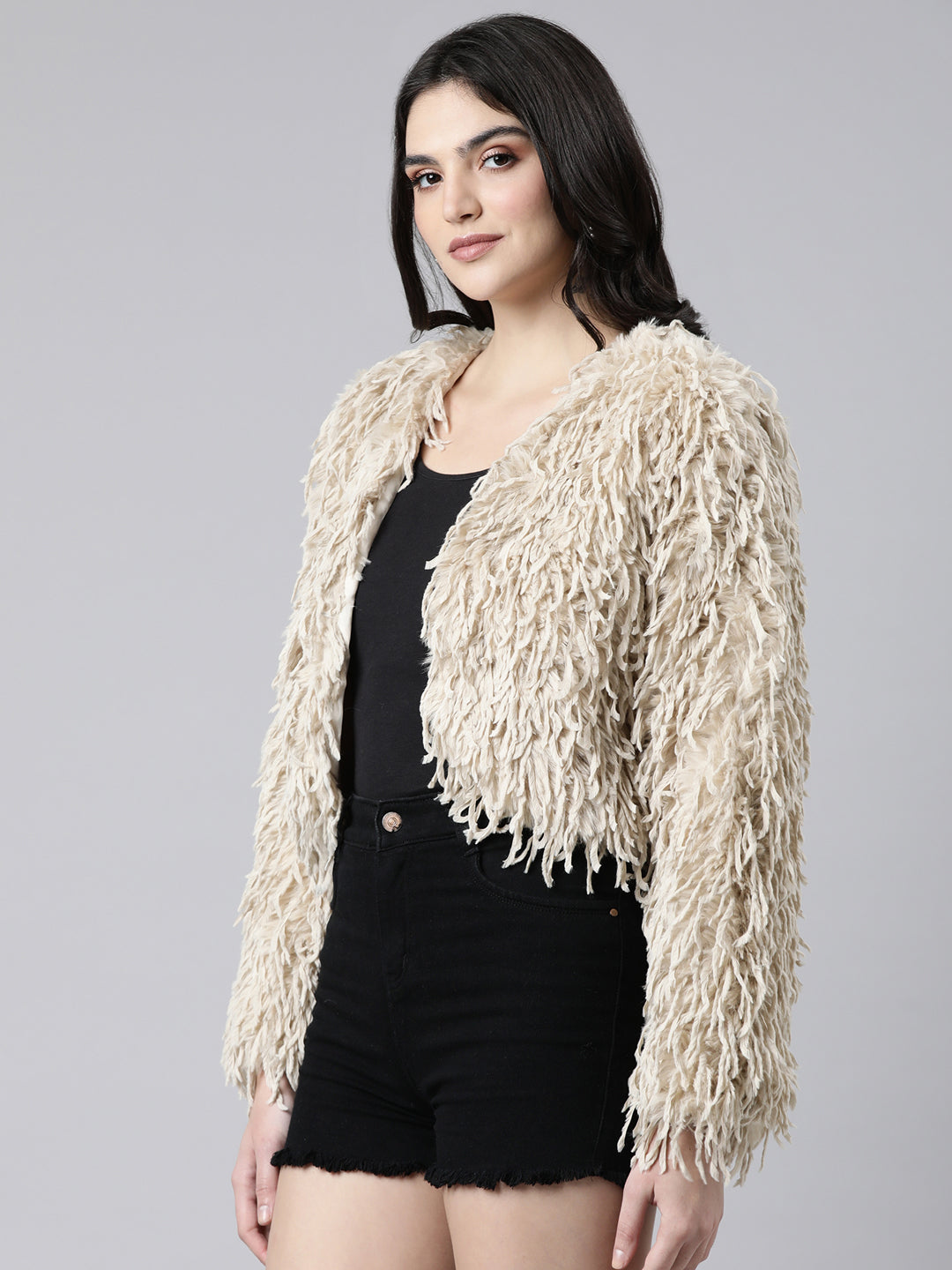 Women Solid Beige Crop Shrug