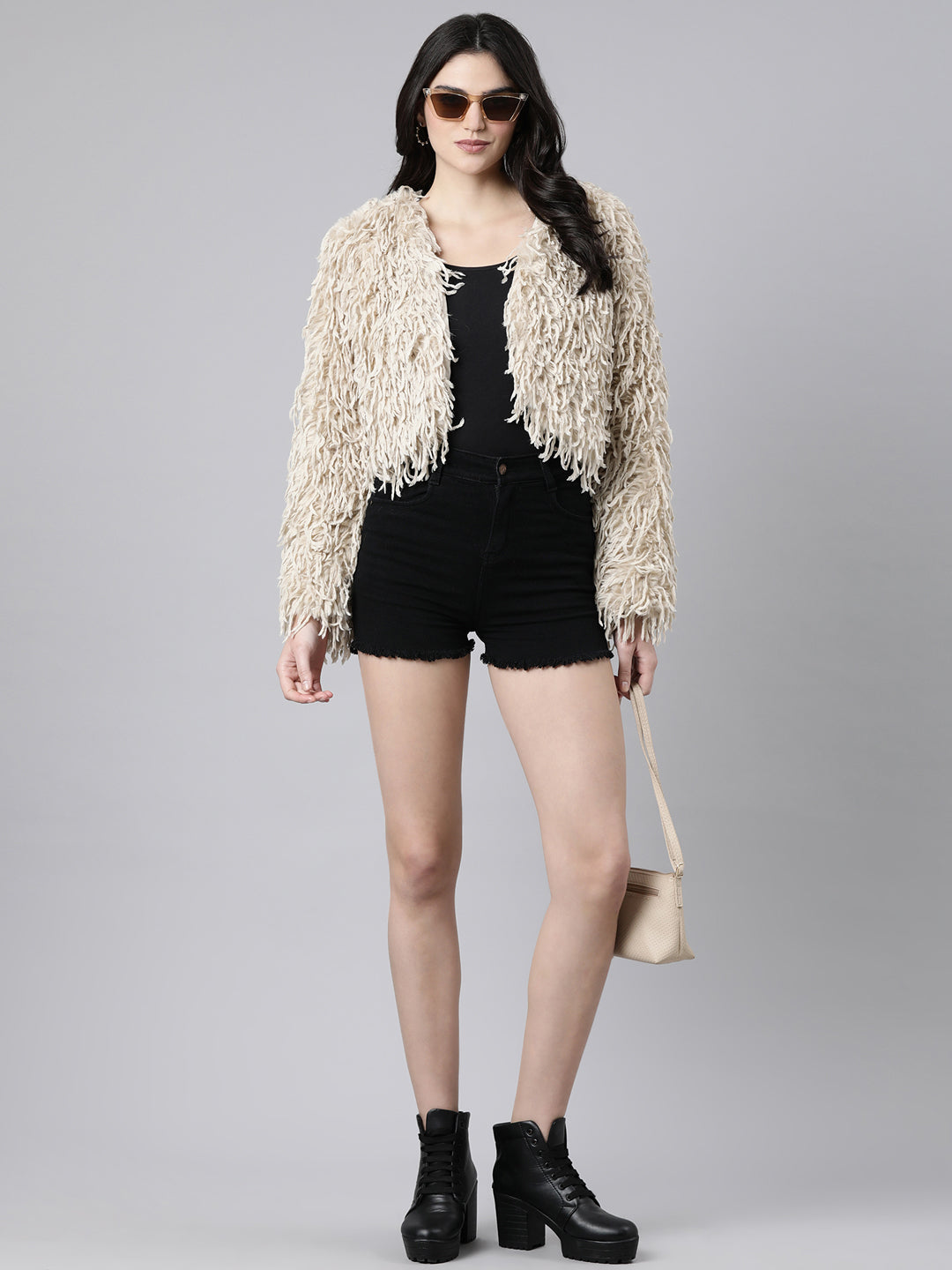 Women Solid Beige Crop Shrug