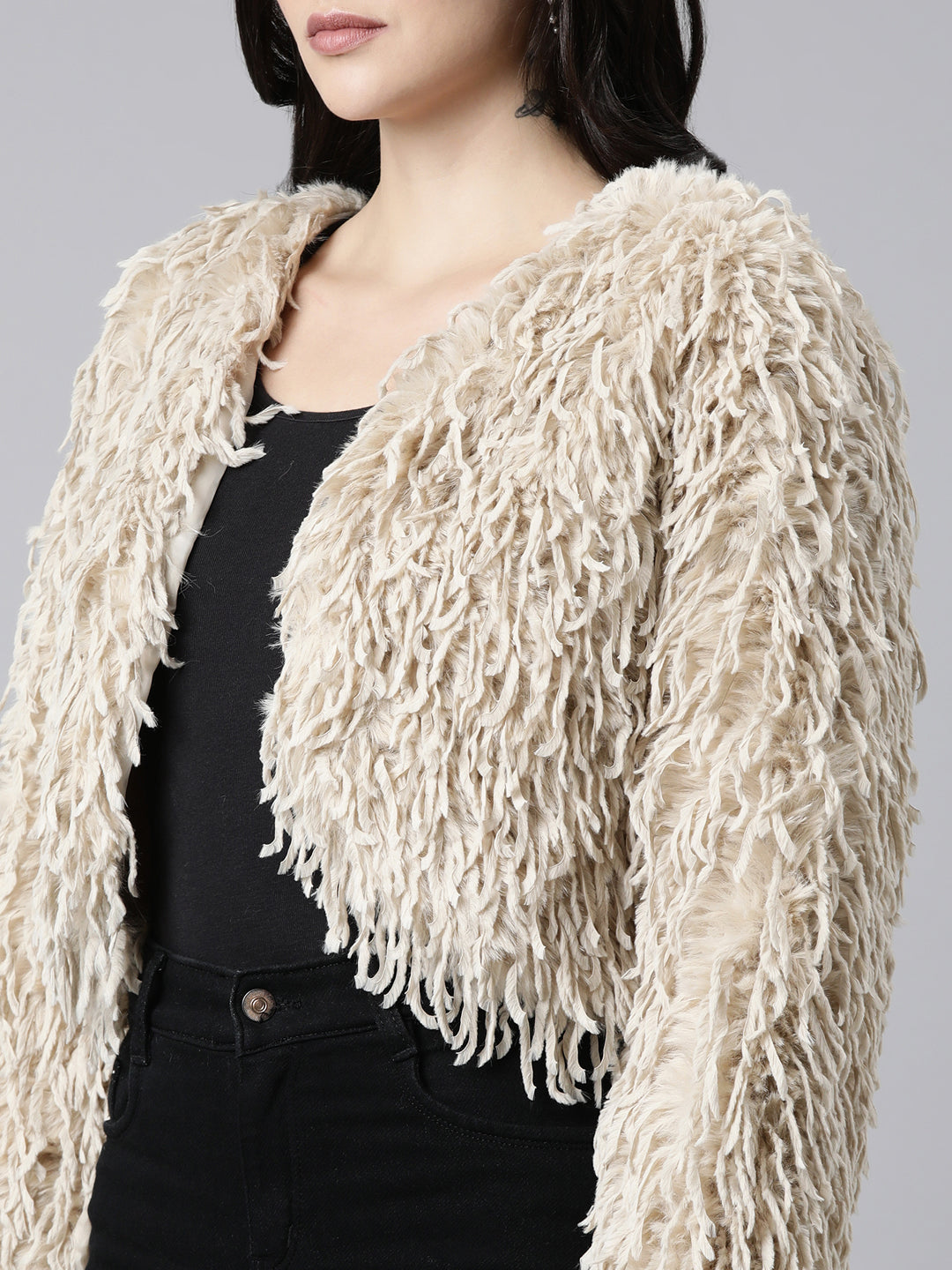 Women Solid Beige Crop Shrug