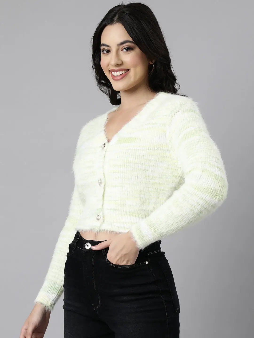 Women's Abstract Crop Green Cardigan