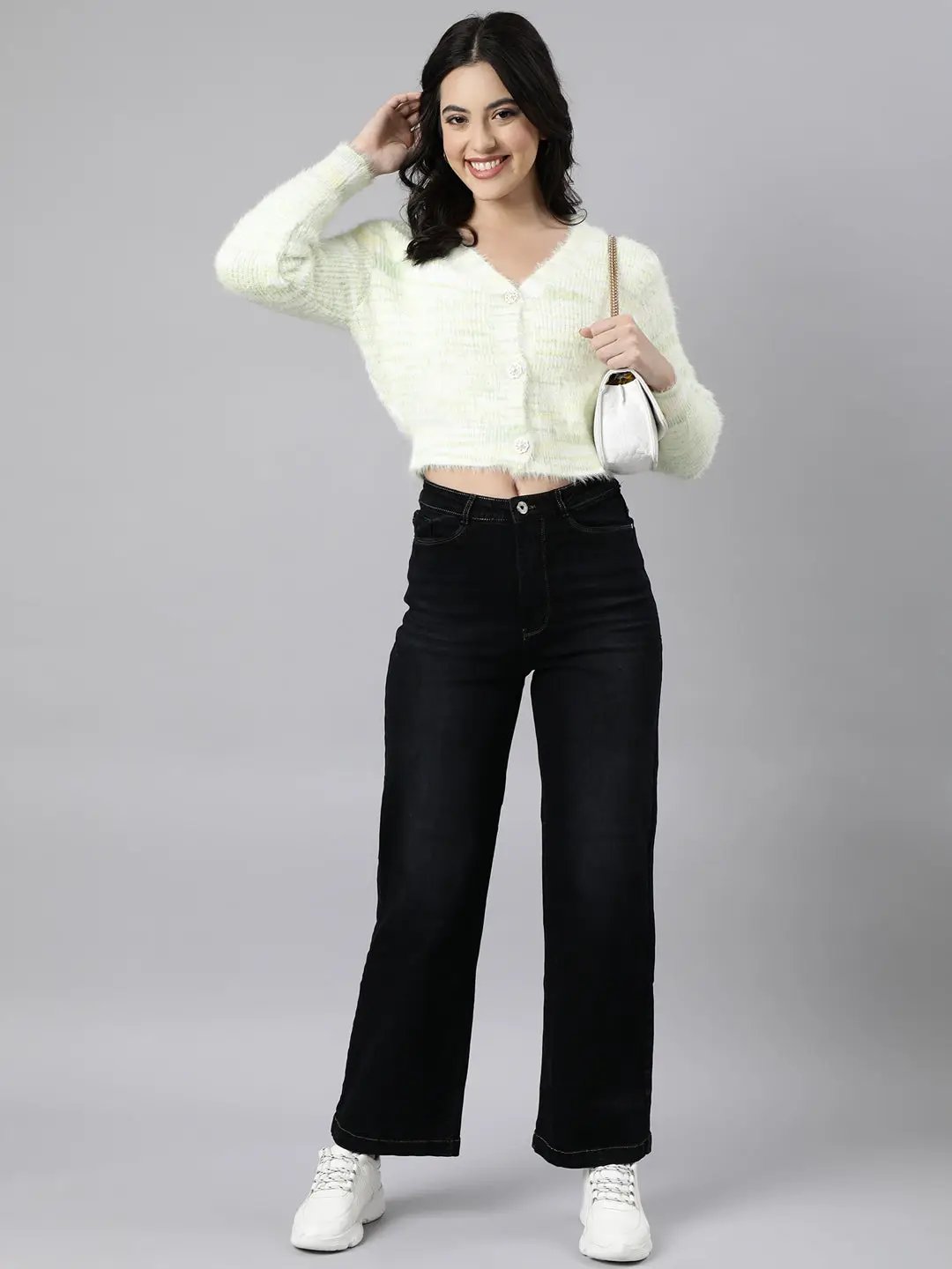 Women's Abstract Crop Green Cardigan