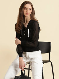 Women's Black V-Neck Studded Georgette Top