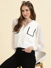 Women's White Studded Pocket Detailing Knitted Georgette Top