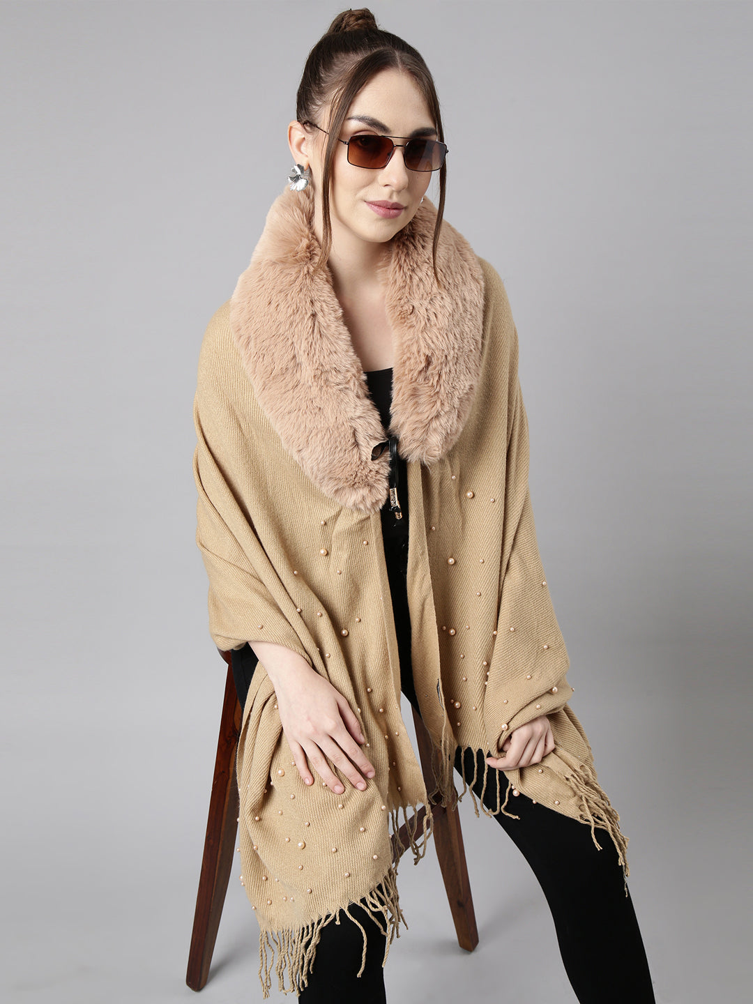 Women Solid Khaki Longline Front-Open Poncho