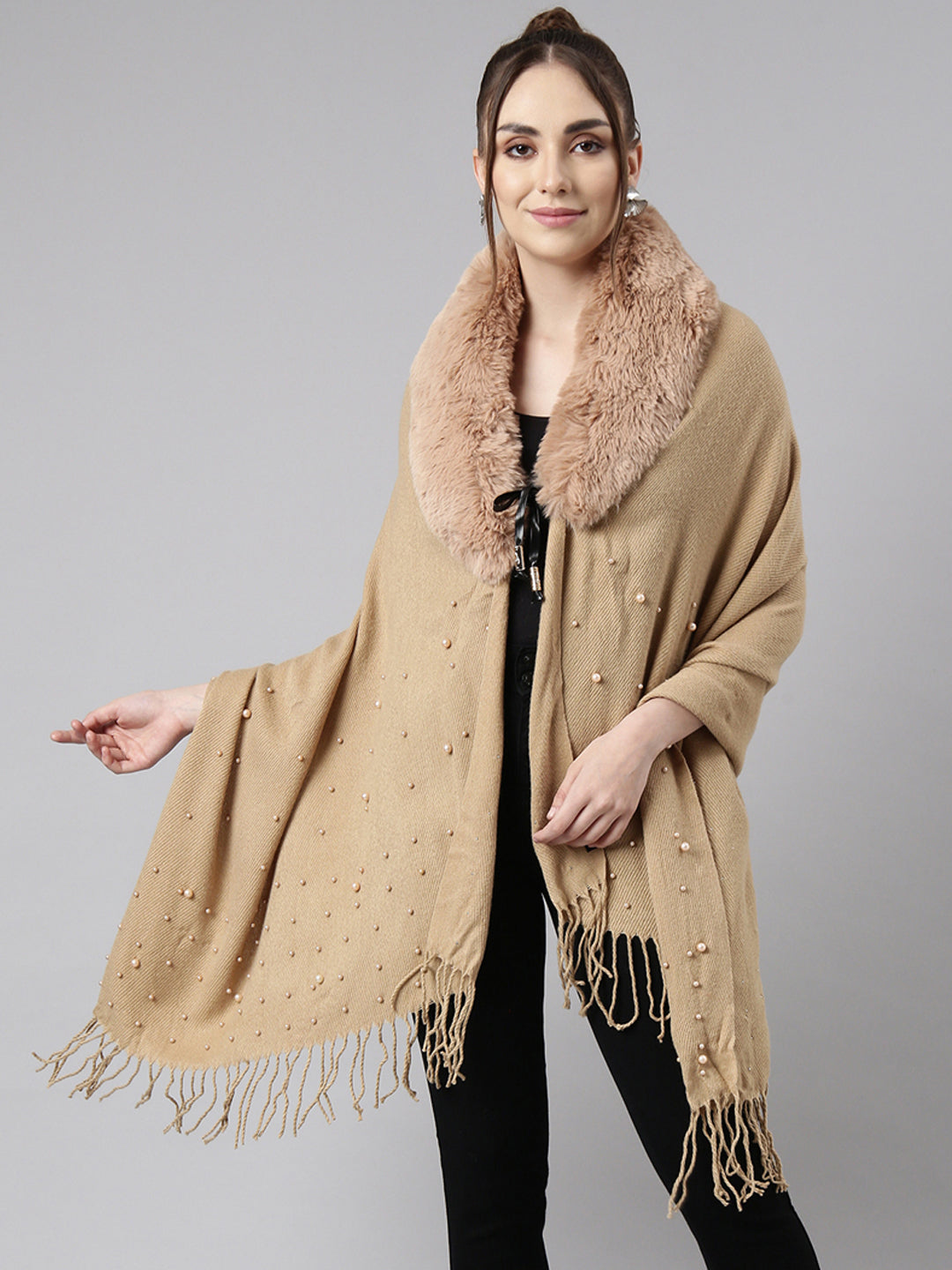 Women Solid Khaki Longline Front-Open Poncho