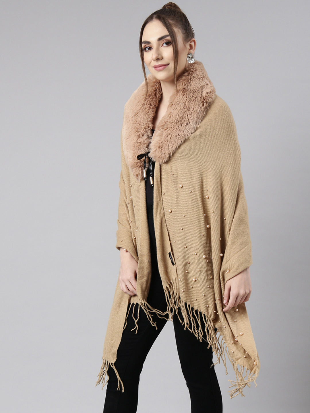 Women Solid Khaki Longline Front-Open Poncho