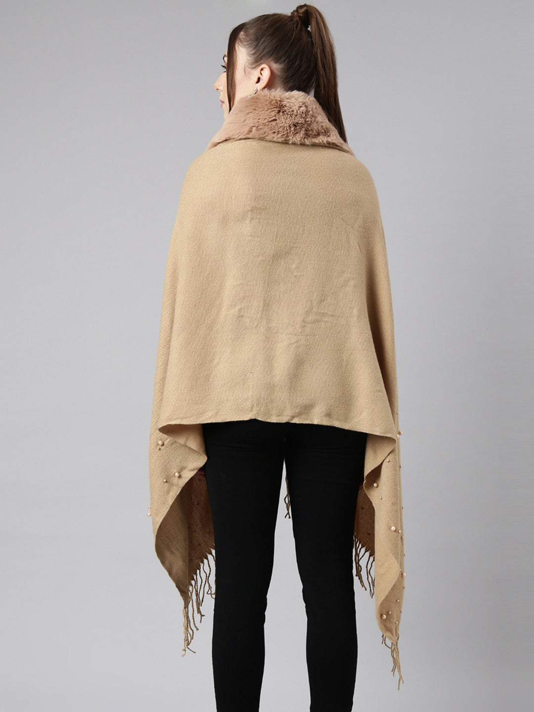 Women Solid Khaki Longline Front-Open Poncho