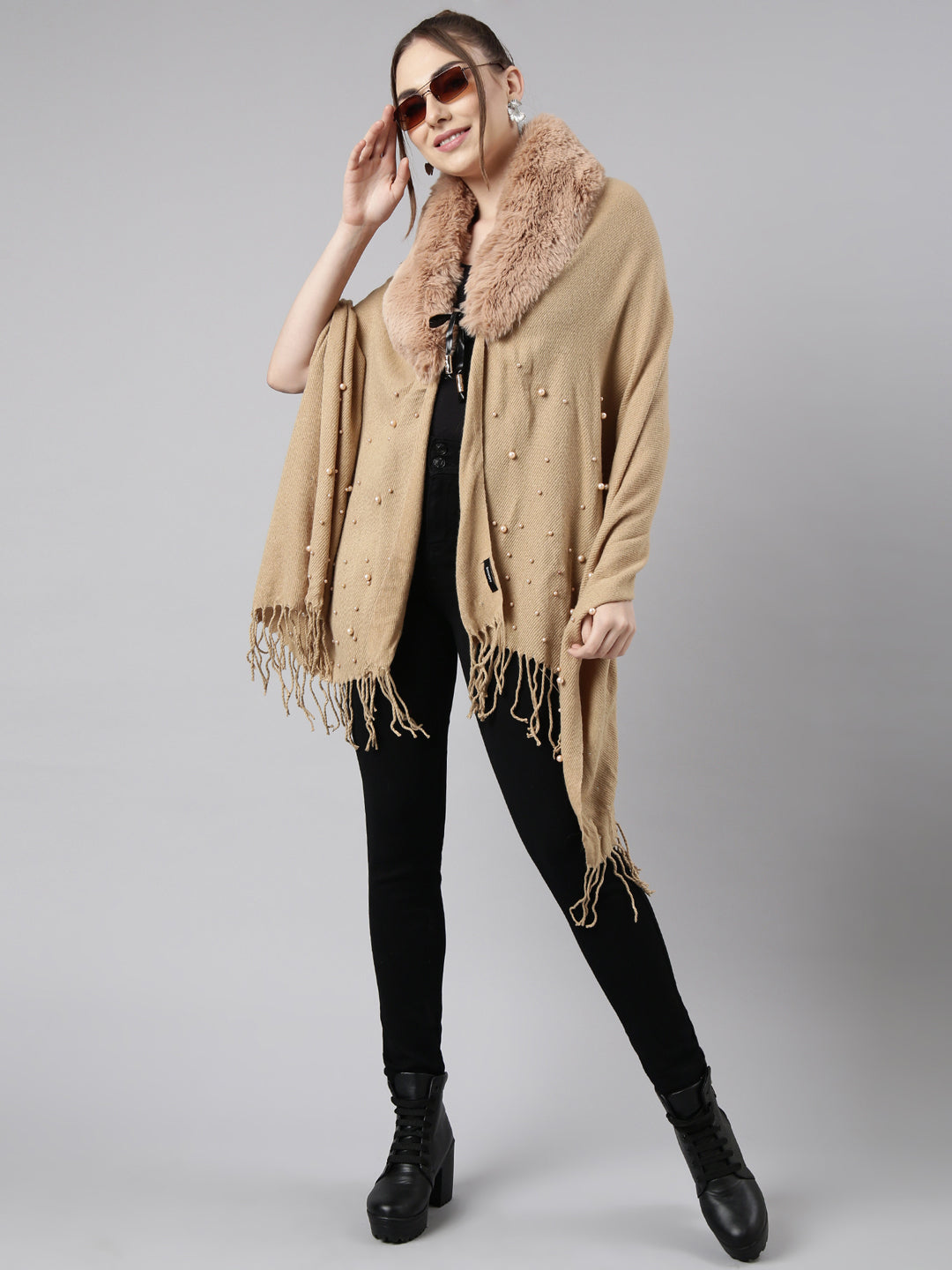 Women Solid Khaki Longline Front-Open Poncho