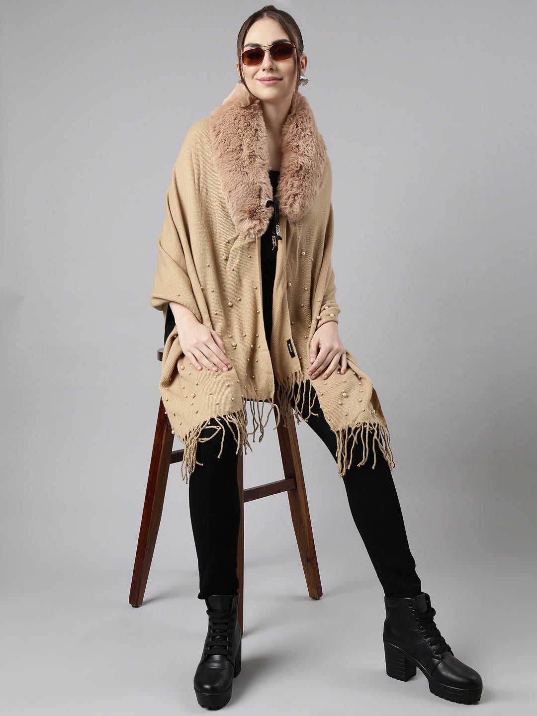 Women Solid Khaki Longline Front-Open Poncho