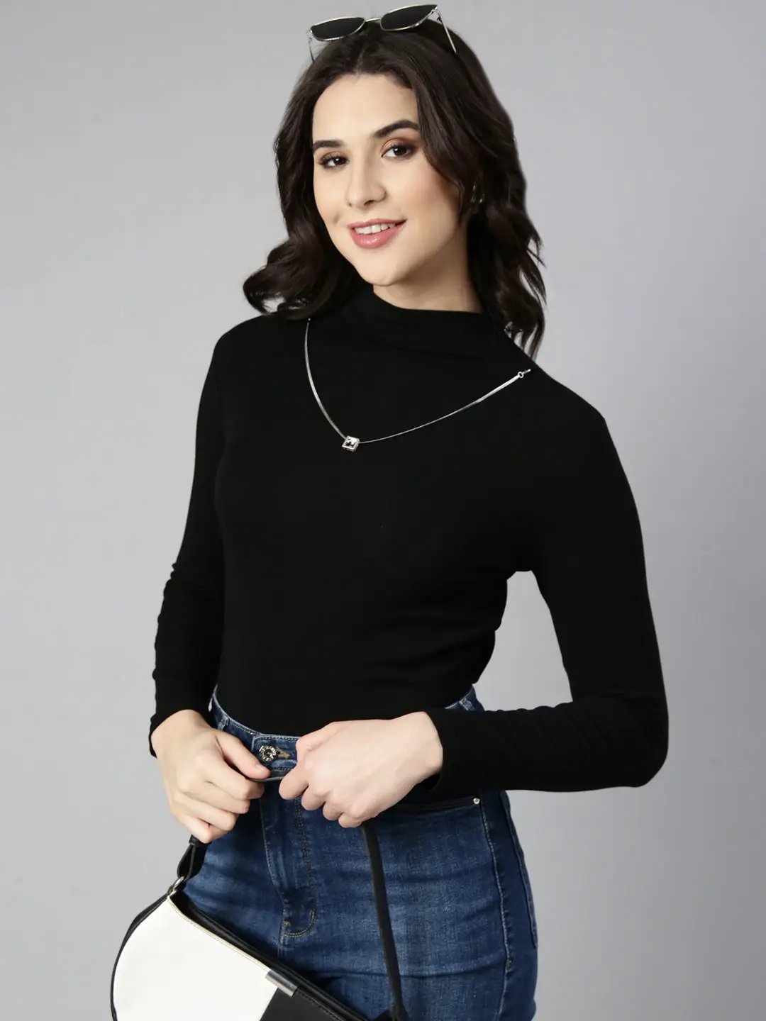 Women's Solid Black Top Comes with Neck Chain