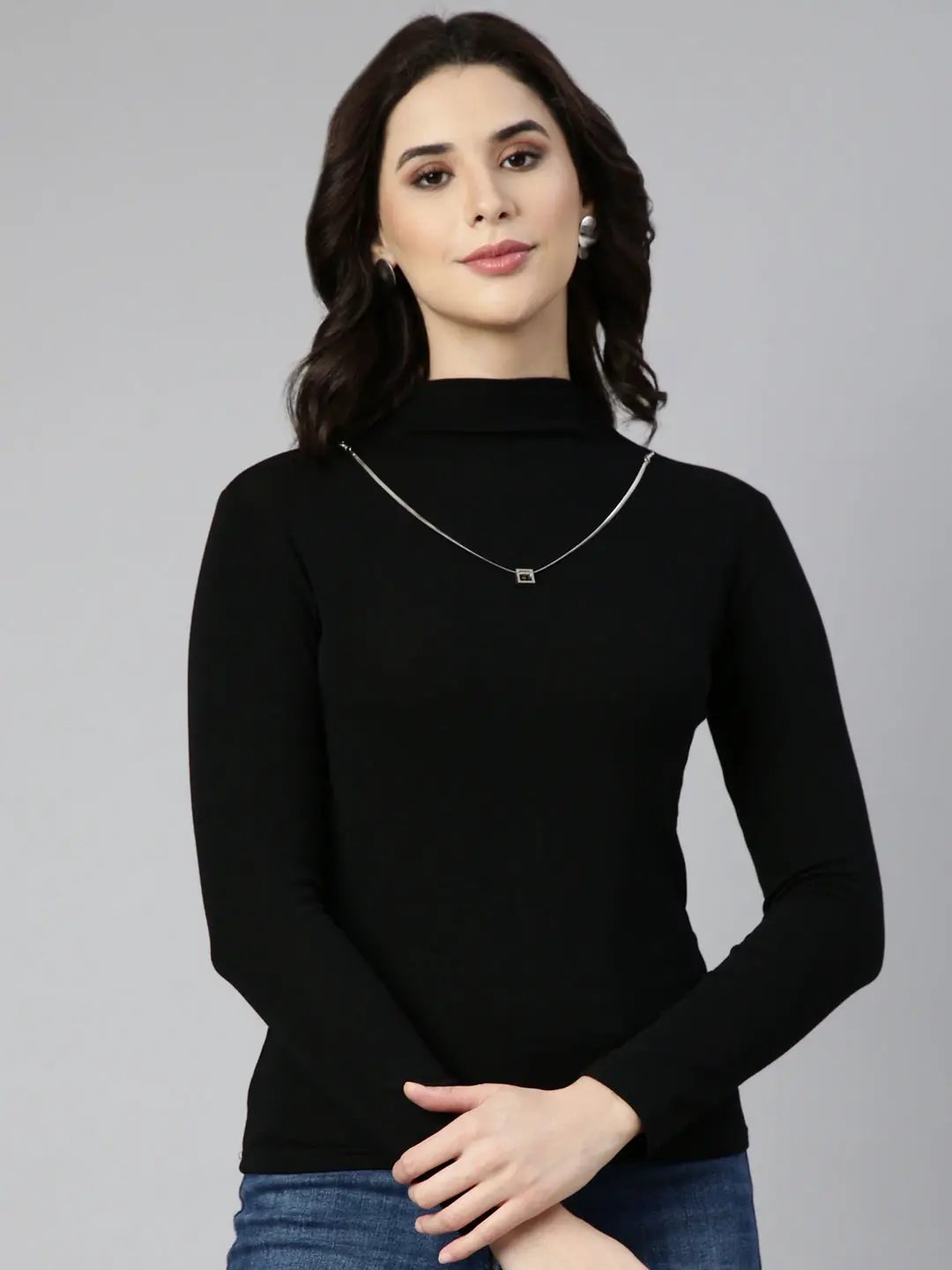 Women's Solid Black Top Comes with Neck Chain