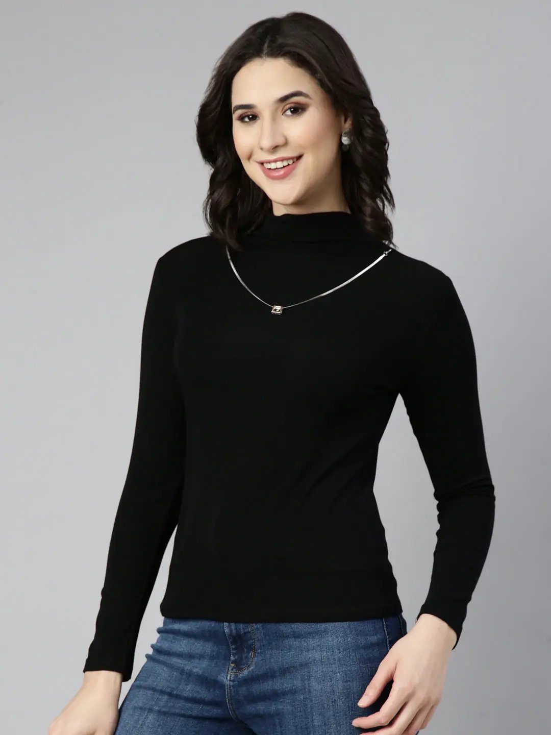 Women's Solid Black Top Comes with Neck Chain