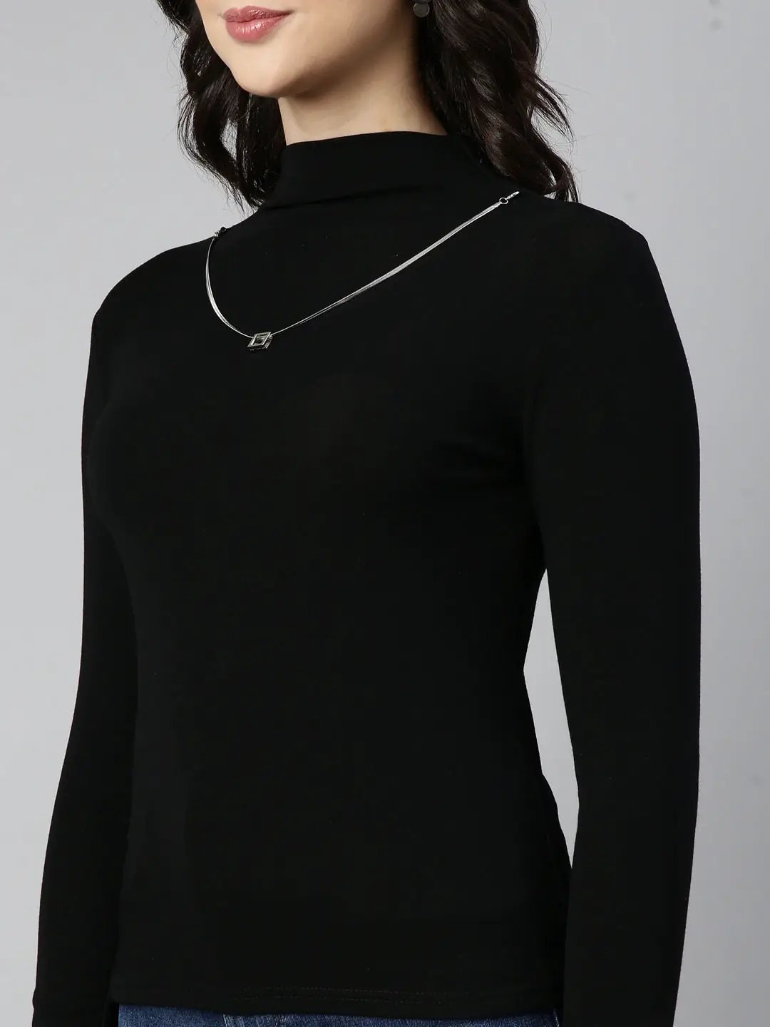 Women's Solid Black Top Comes with Neck Chain