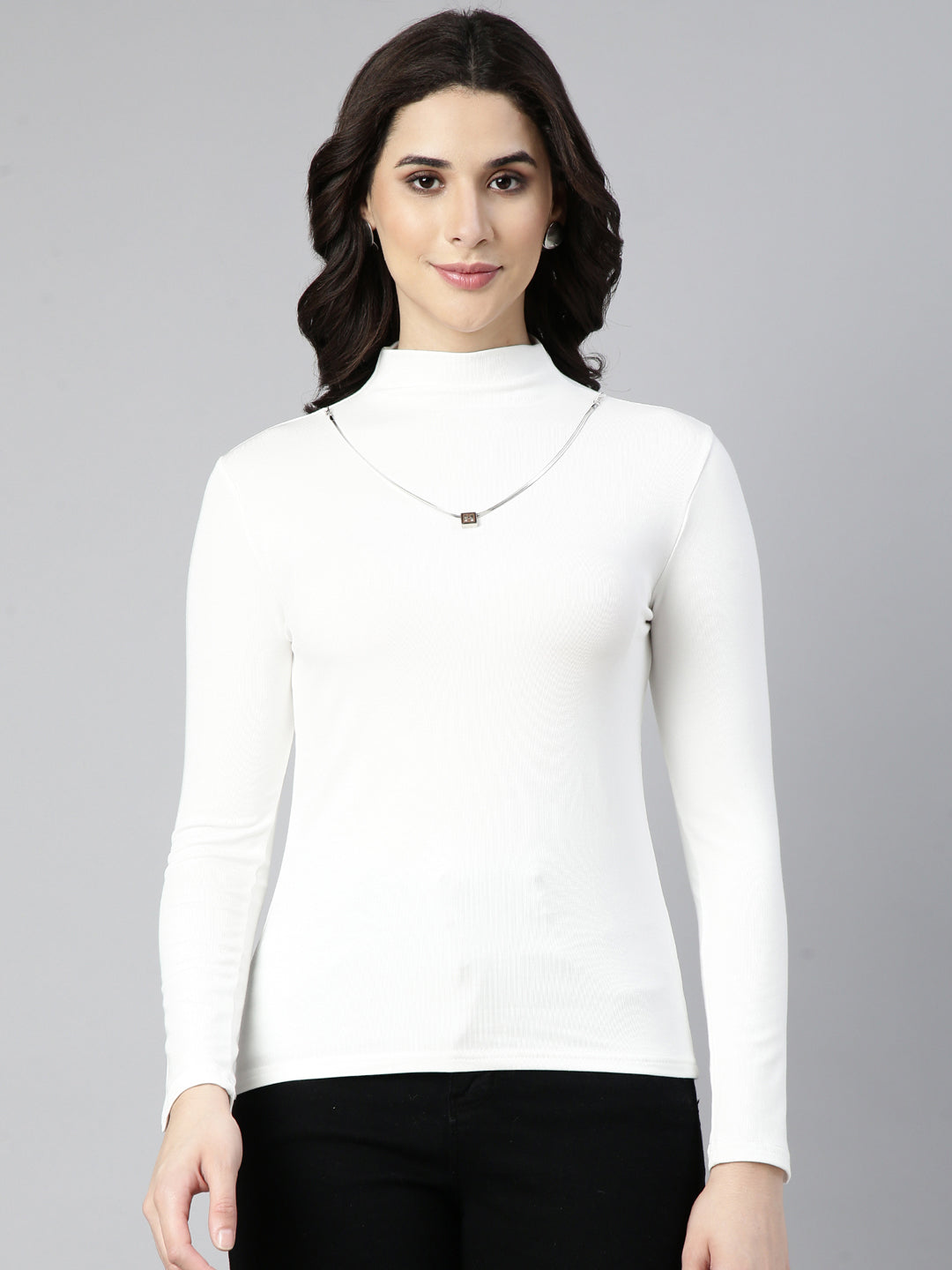 SHOWOFFFF Women's High Neck Solid Off White Top Comes with Neck Chain
