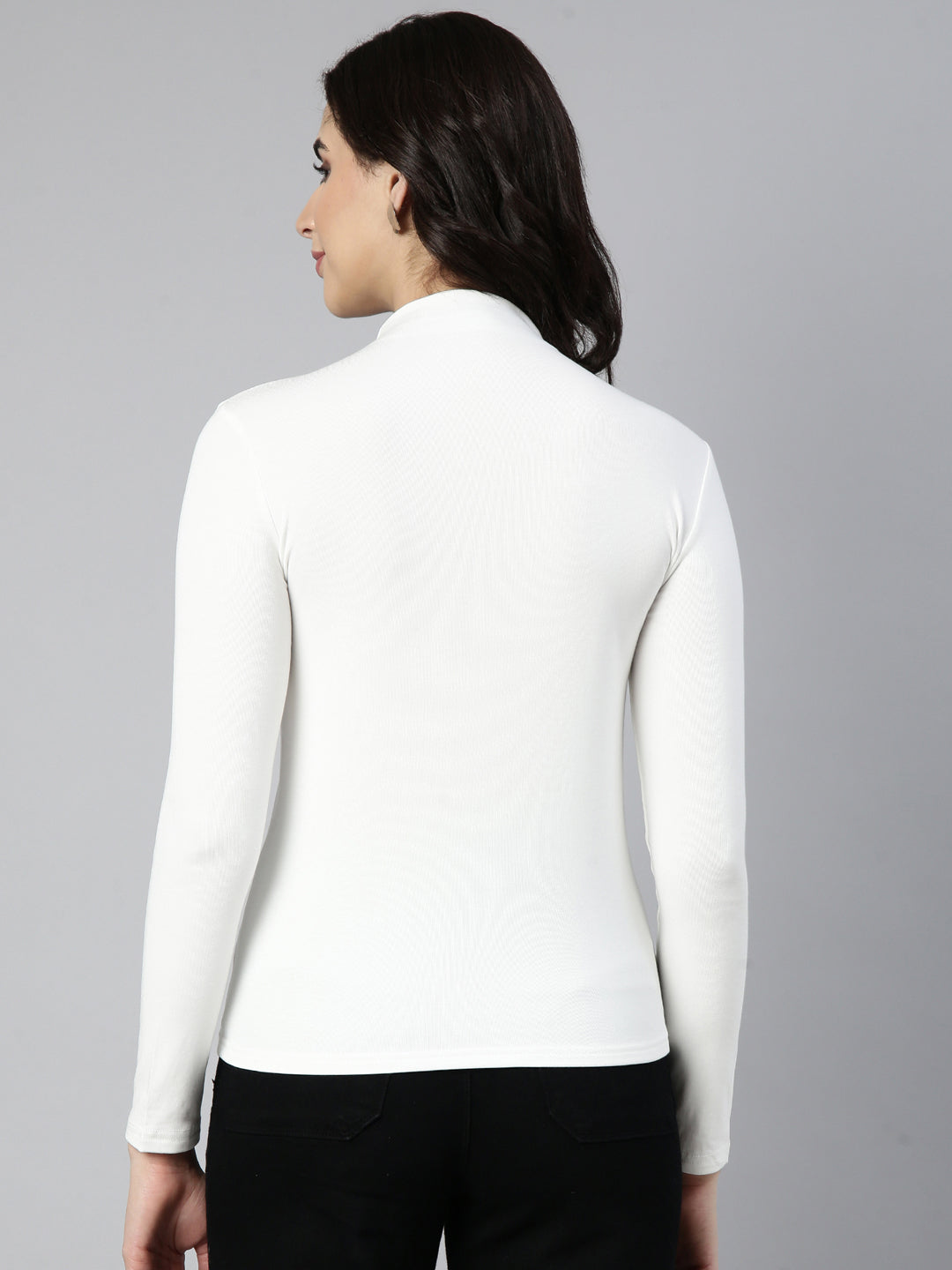 SHOWOFFFF Women's High Neck Solid Off White Top Comes with Neck Chain