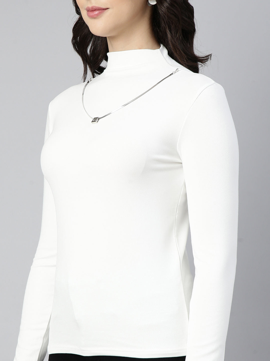 SHOWOFFFF Women's High Neck Solid Off White Top Comes with Neck Chain