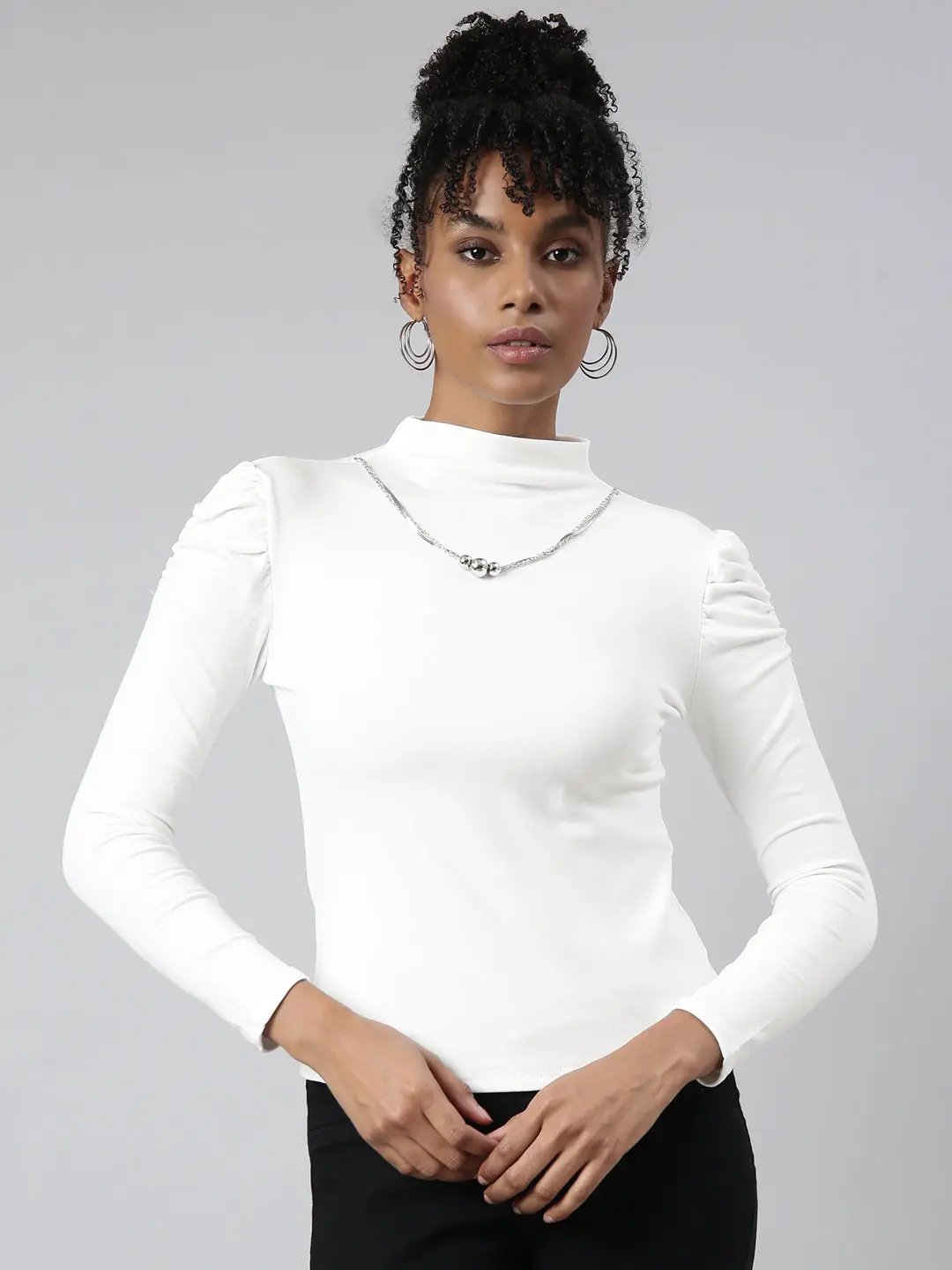 Shop Women's White High Neck Long Sleeves Top Comes With Chain