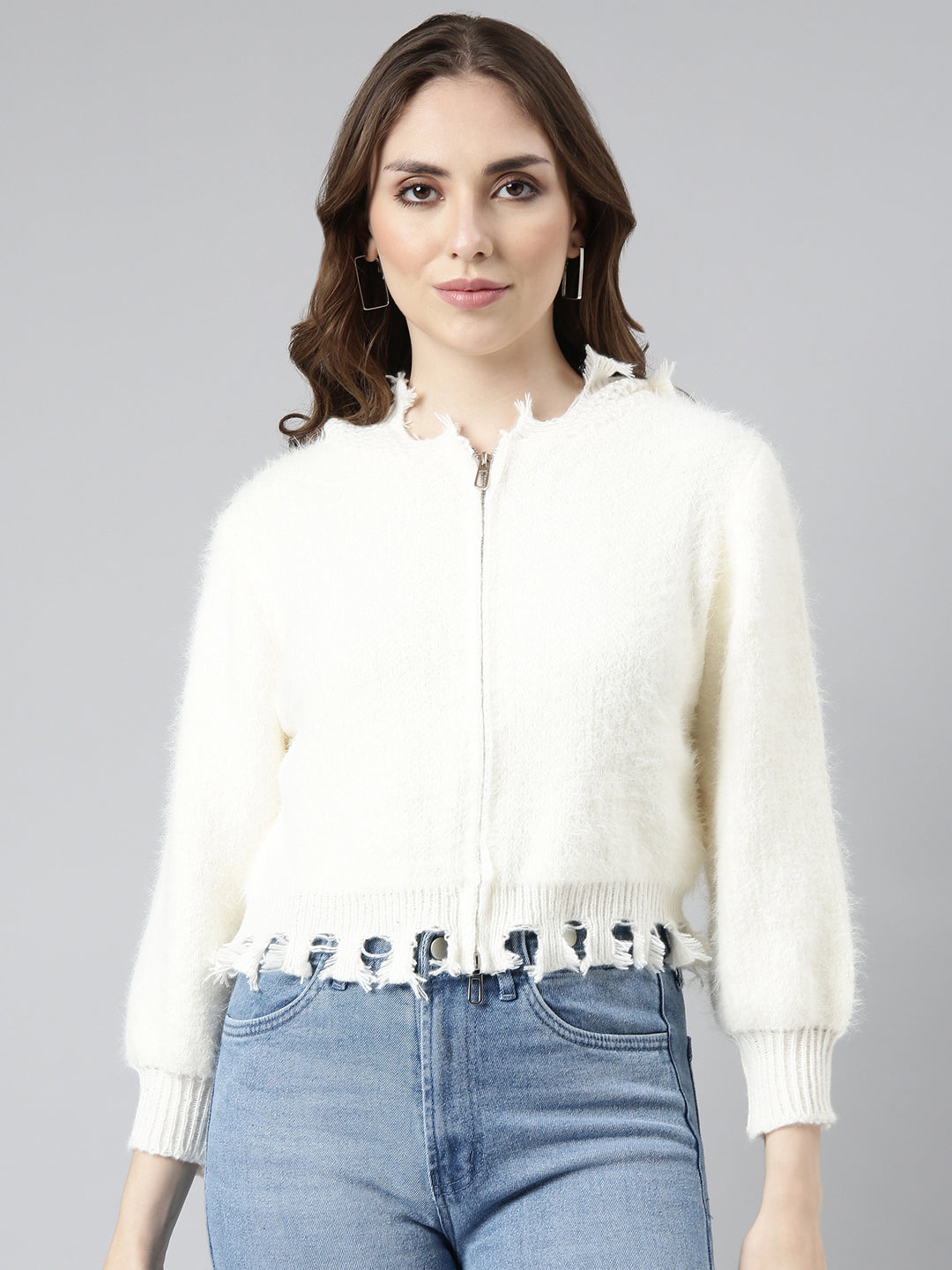 Women Solid Cream Crop Cardigan