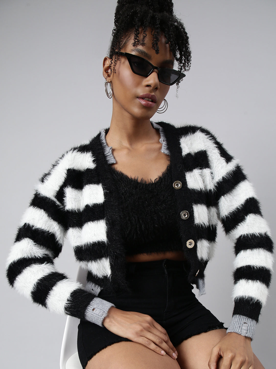 Women Striped Black Regular Cardigan