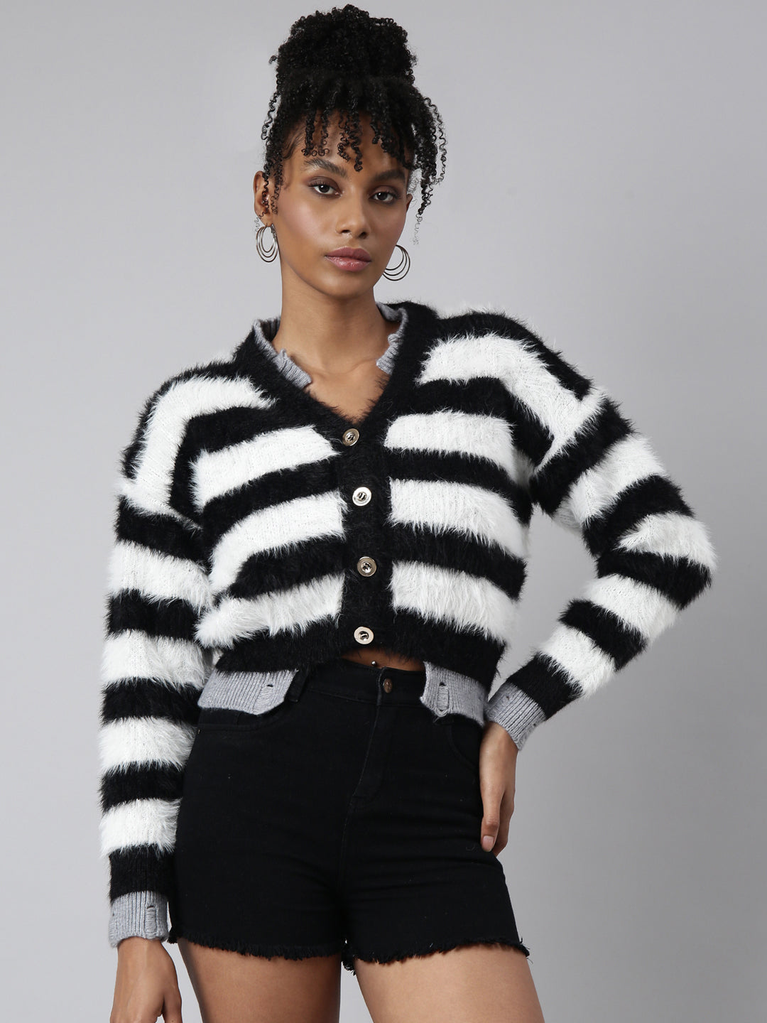 Women Striped Black Regular Cardigan