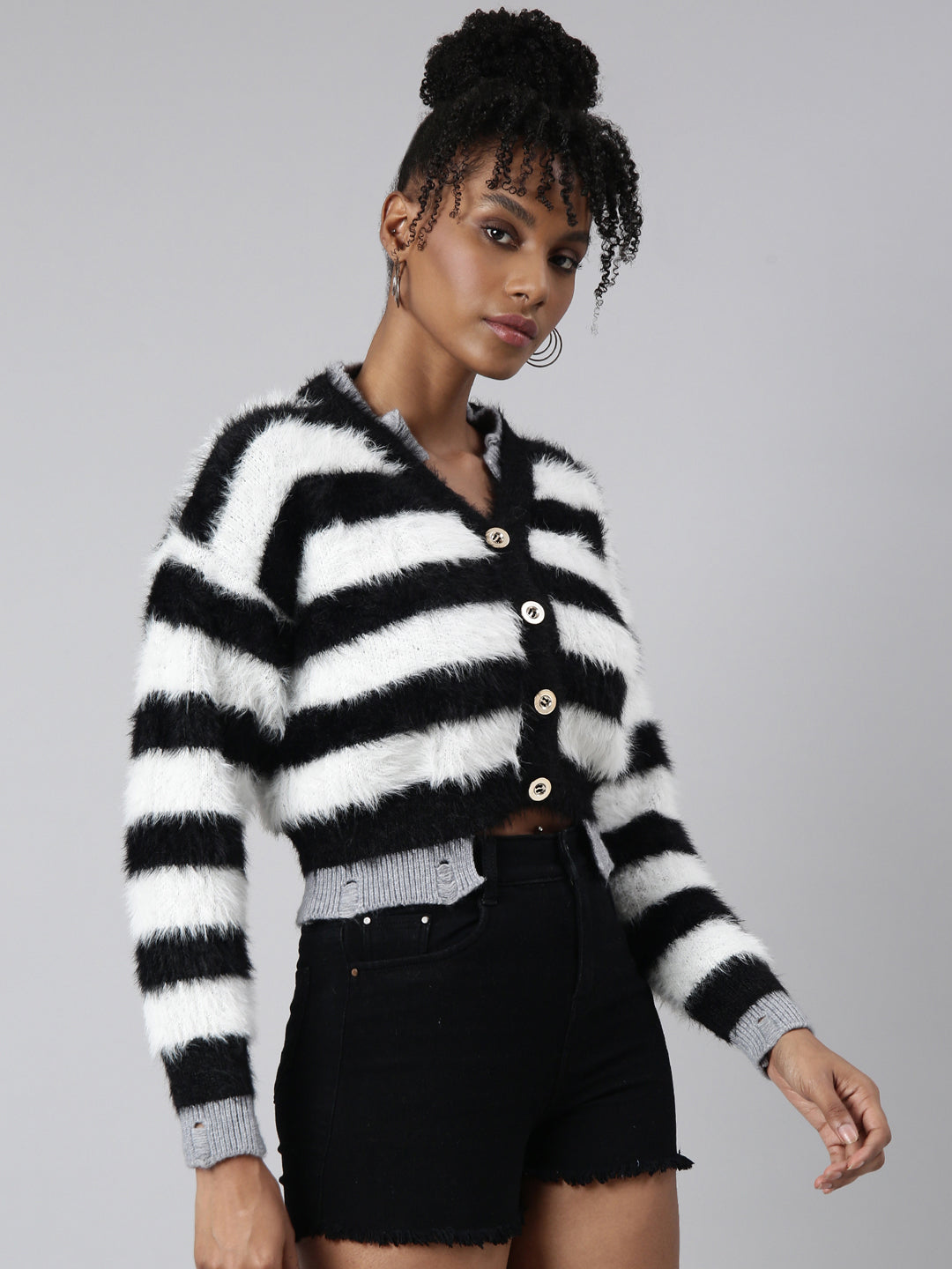 Women Striped Black Regular Cardigan