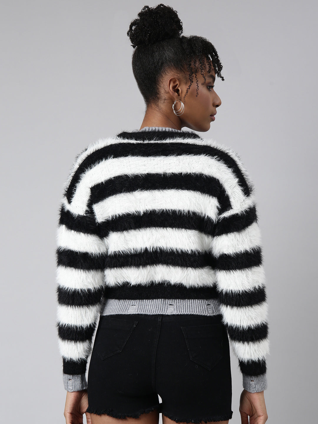 Women Striped Black Regular Cardigan