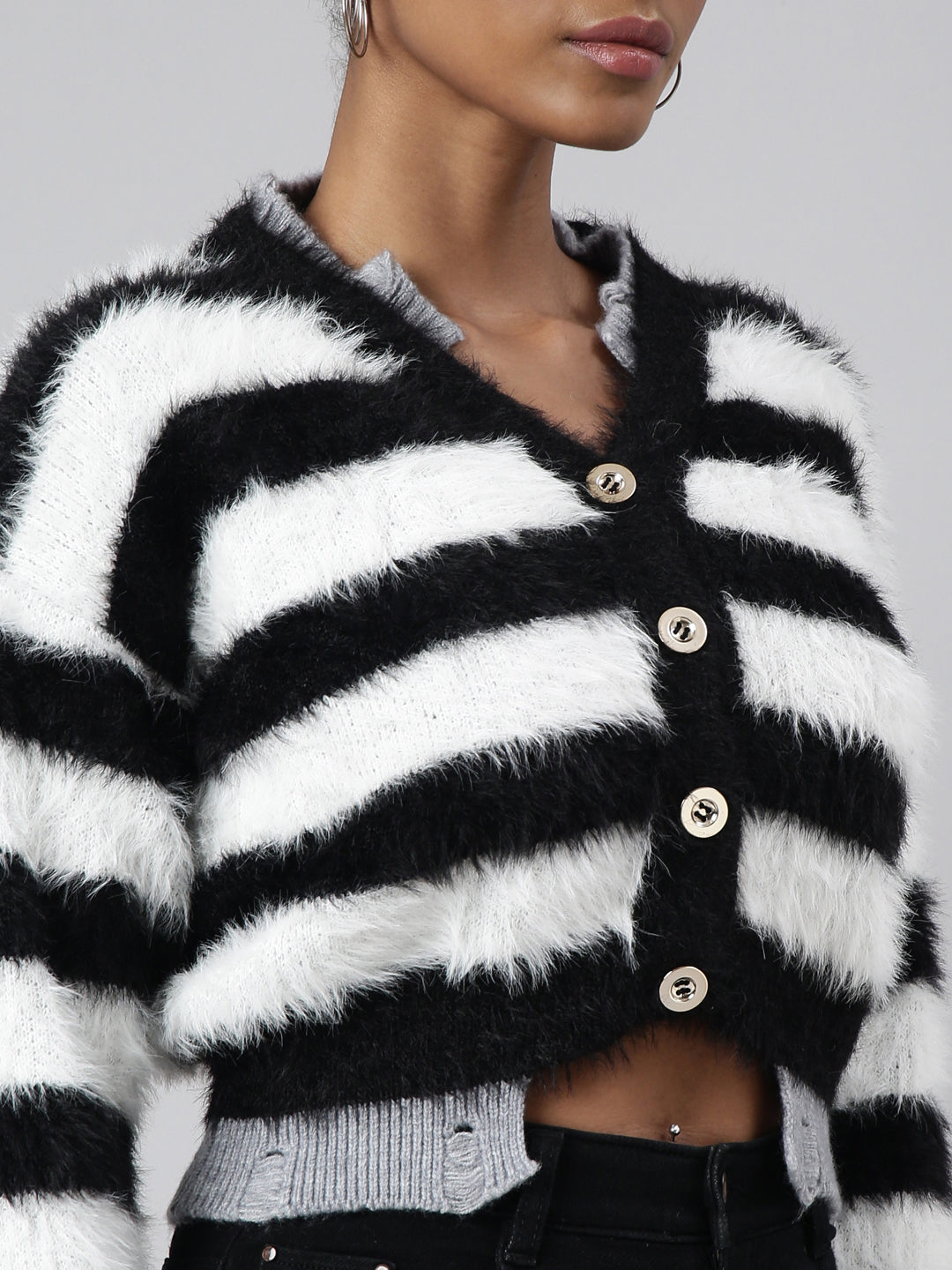 Women Striped Black Regular Cardigan