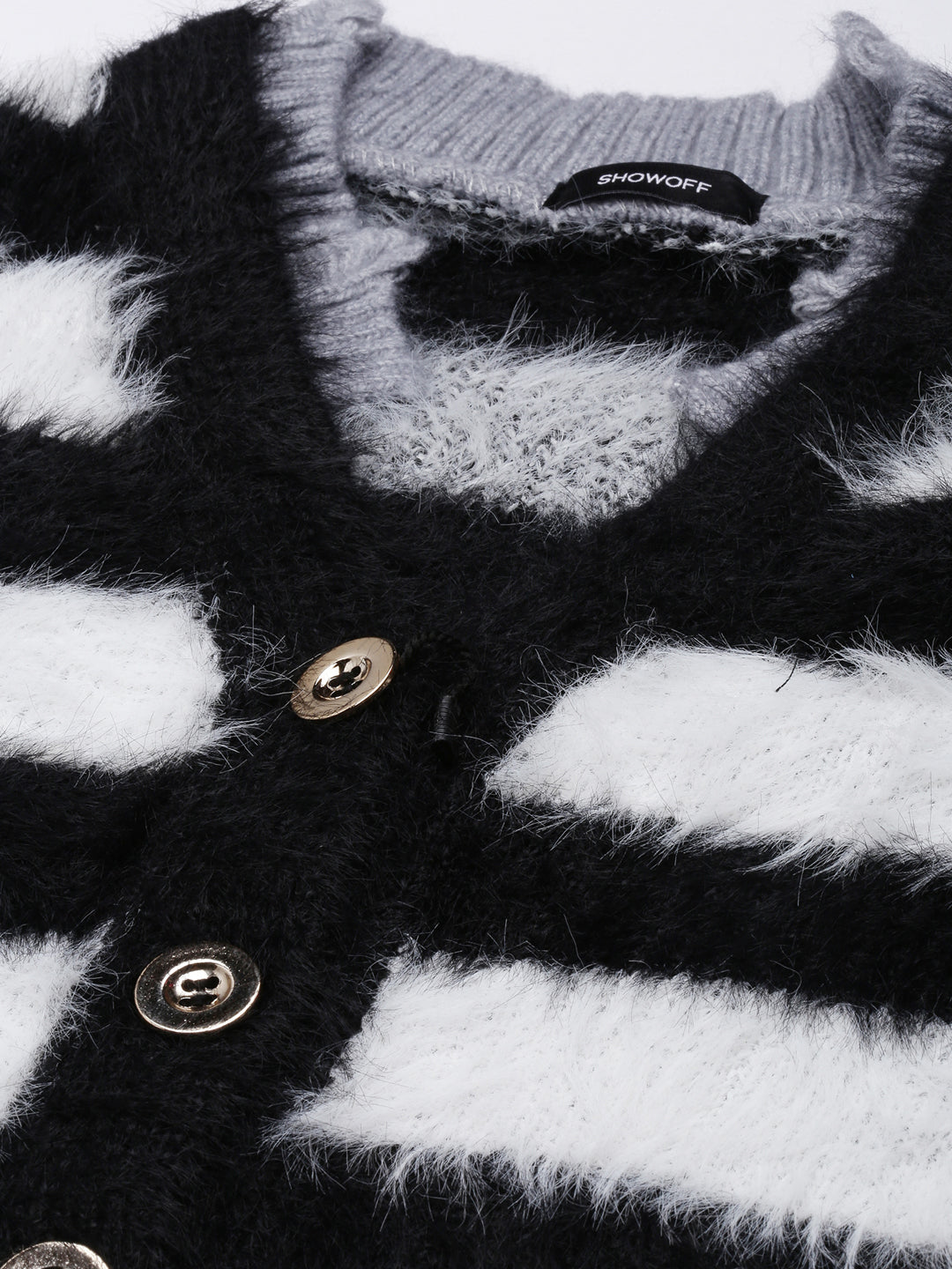 Women Striped Black Regular Cardigan