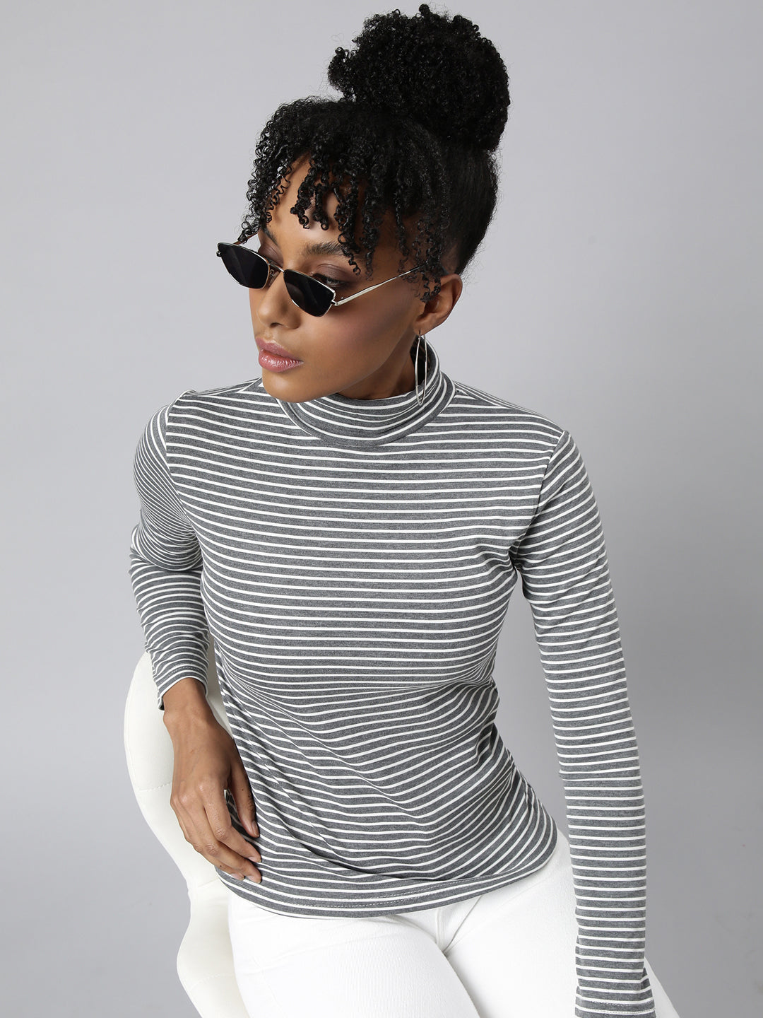 Women Grey Horizontal Stripes Top