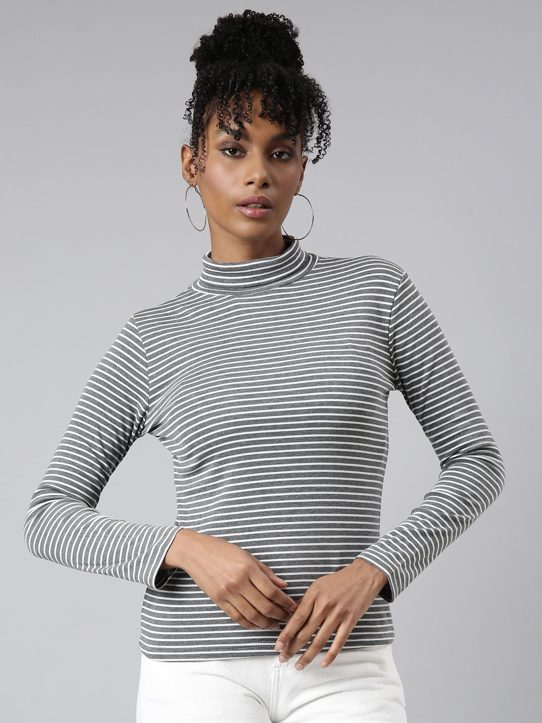 Women Grey Horizontal Stripes Top