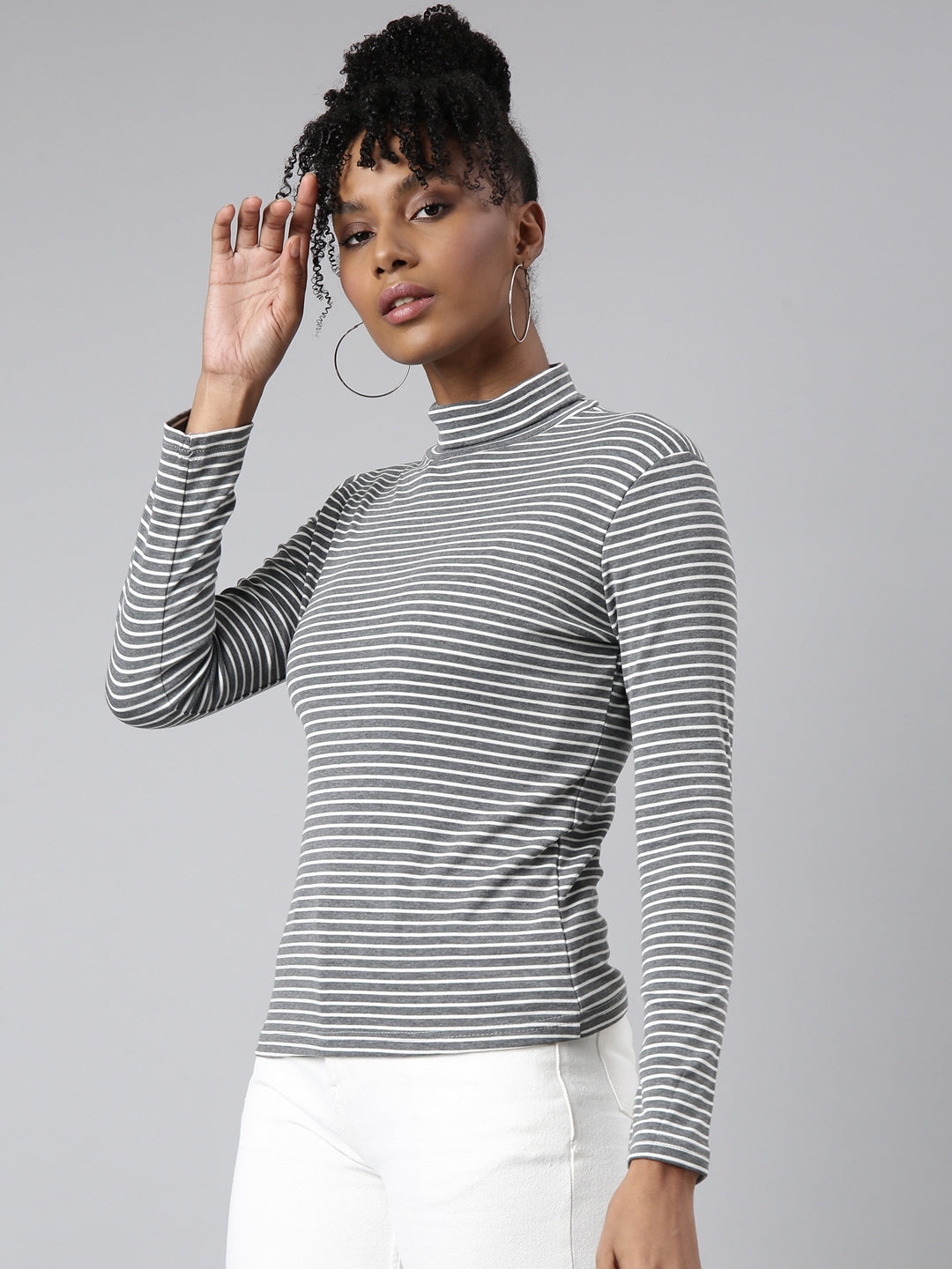 Women Grey Horizontal Stripes Top