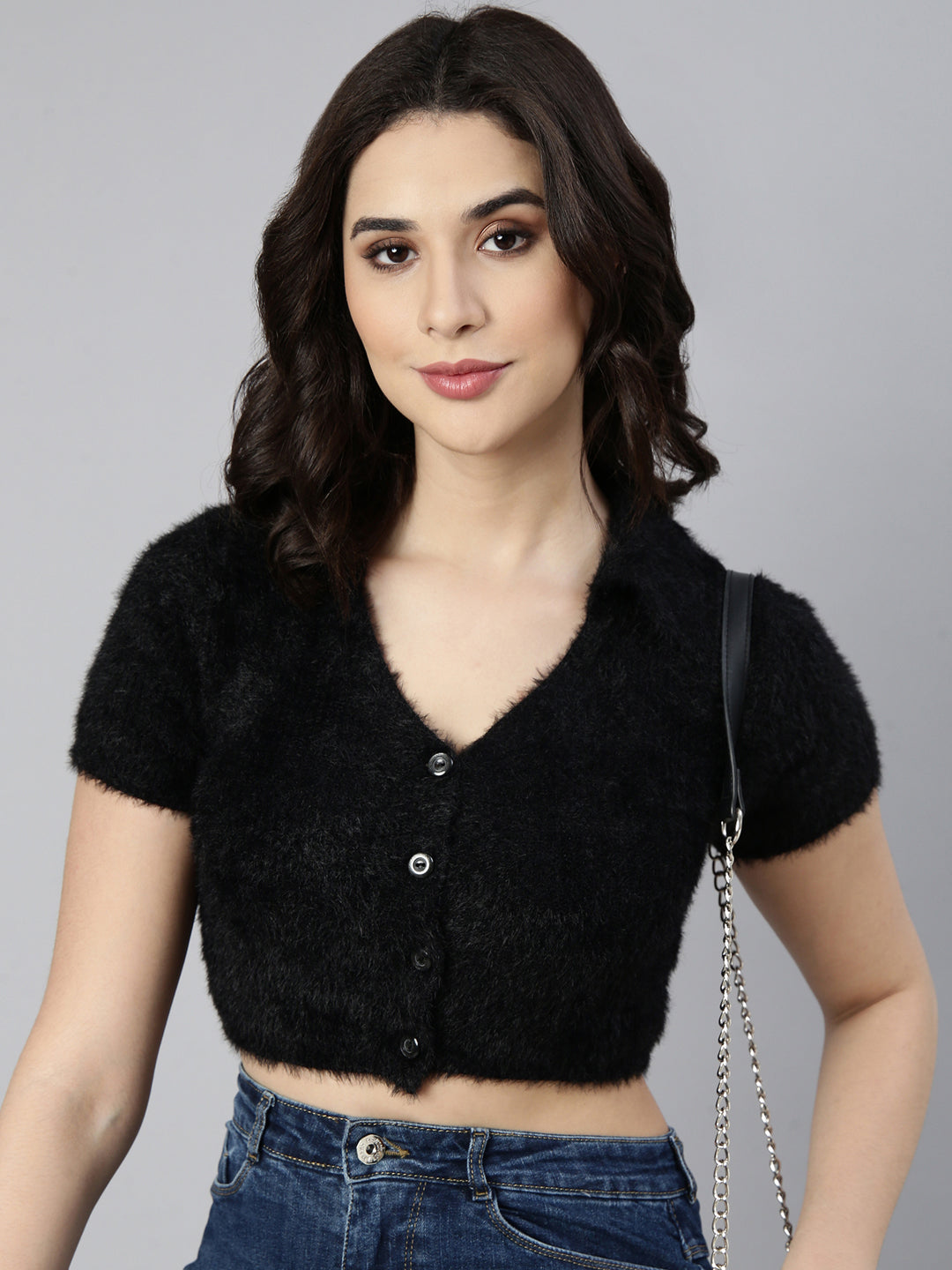 Women Solid Black Crop Top