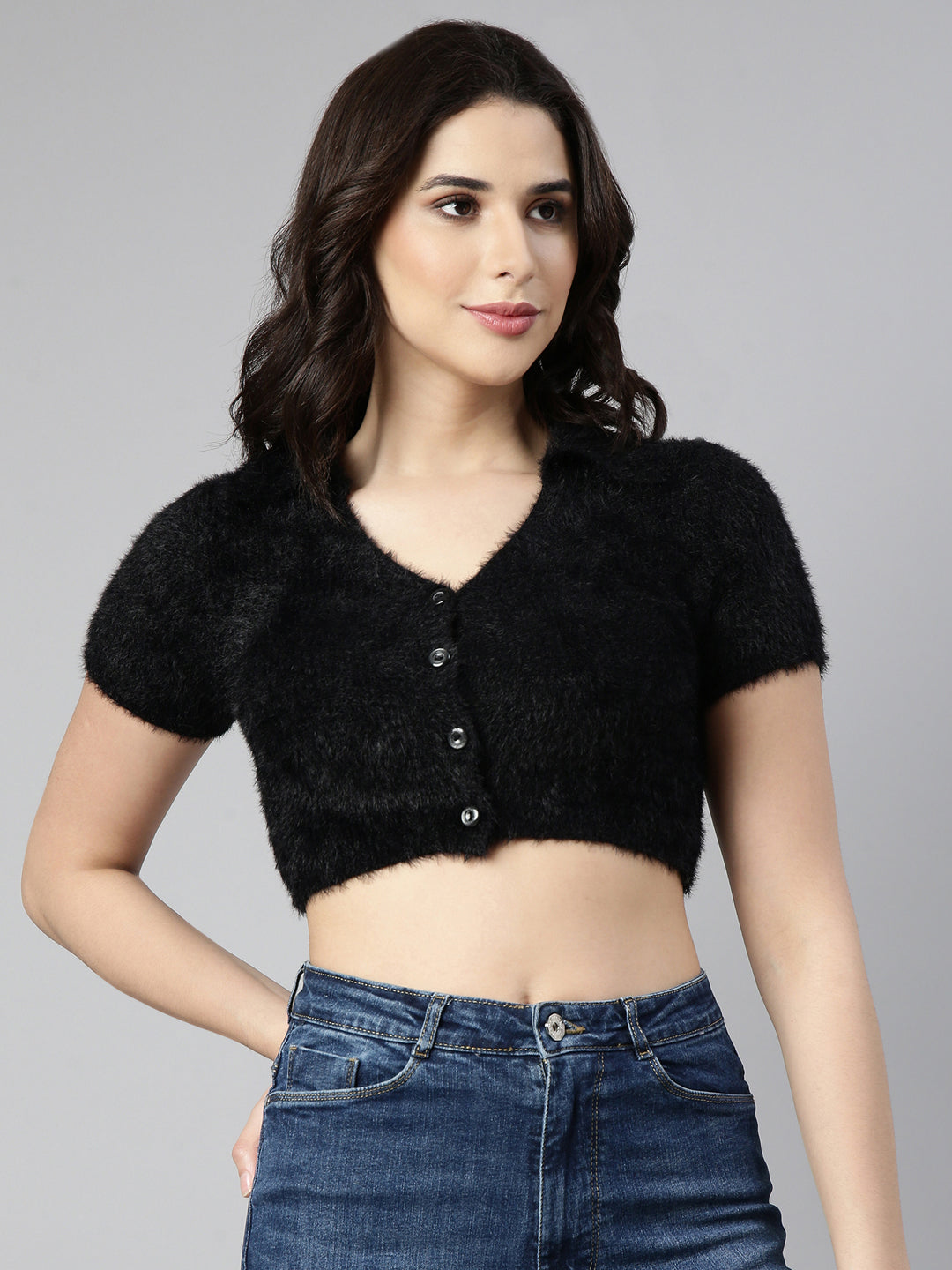 Women Solid Black Crop Top