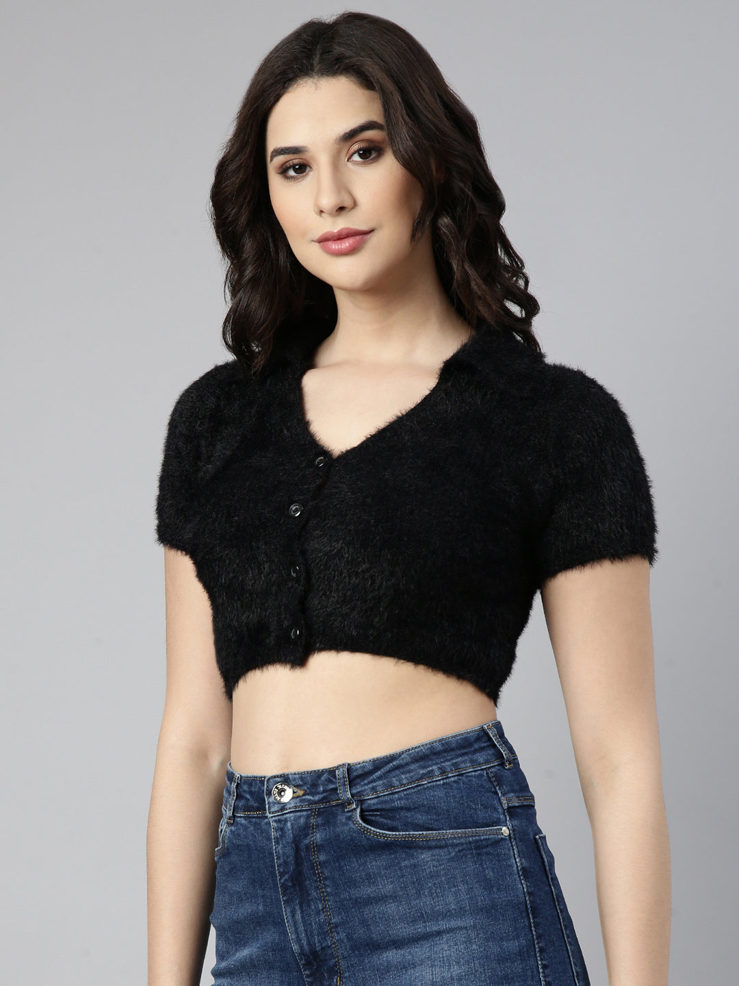 Women Solid Black Crop Top