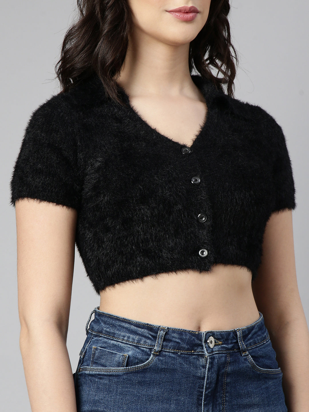 Women Solid Black Crop Top