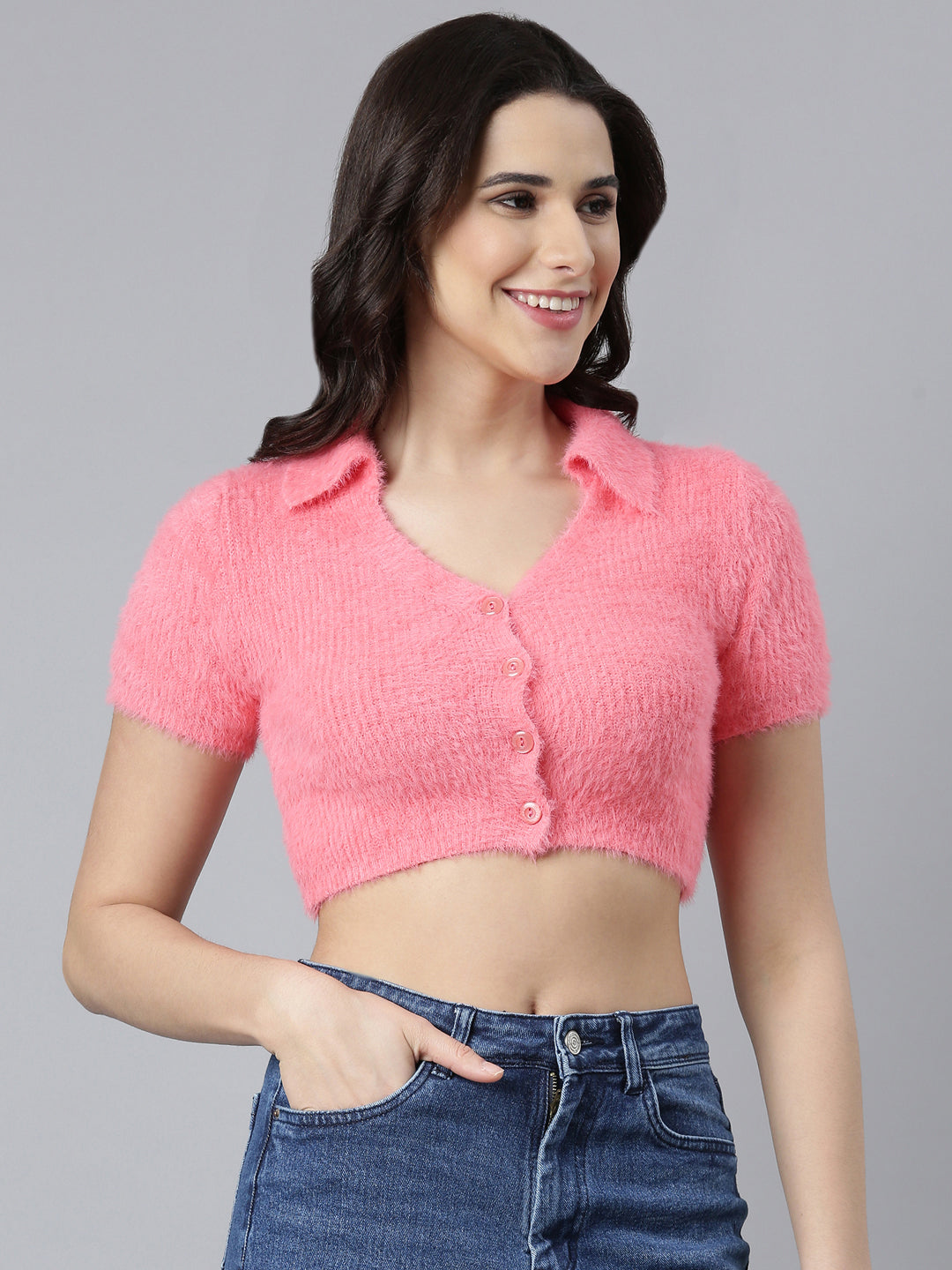 Women Solid Peach Crop Top